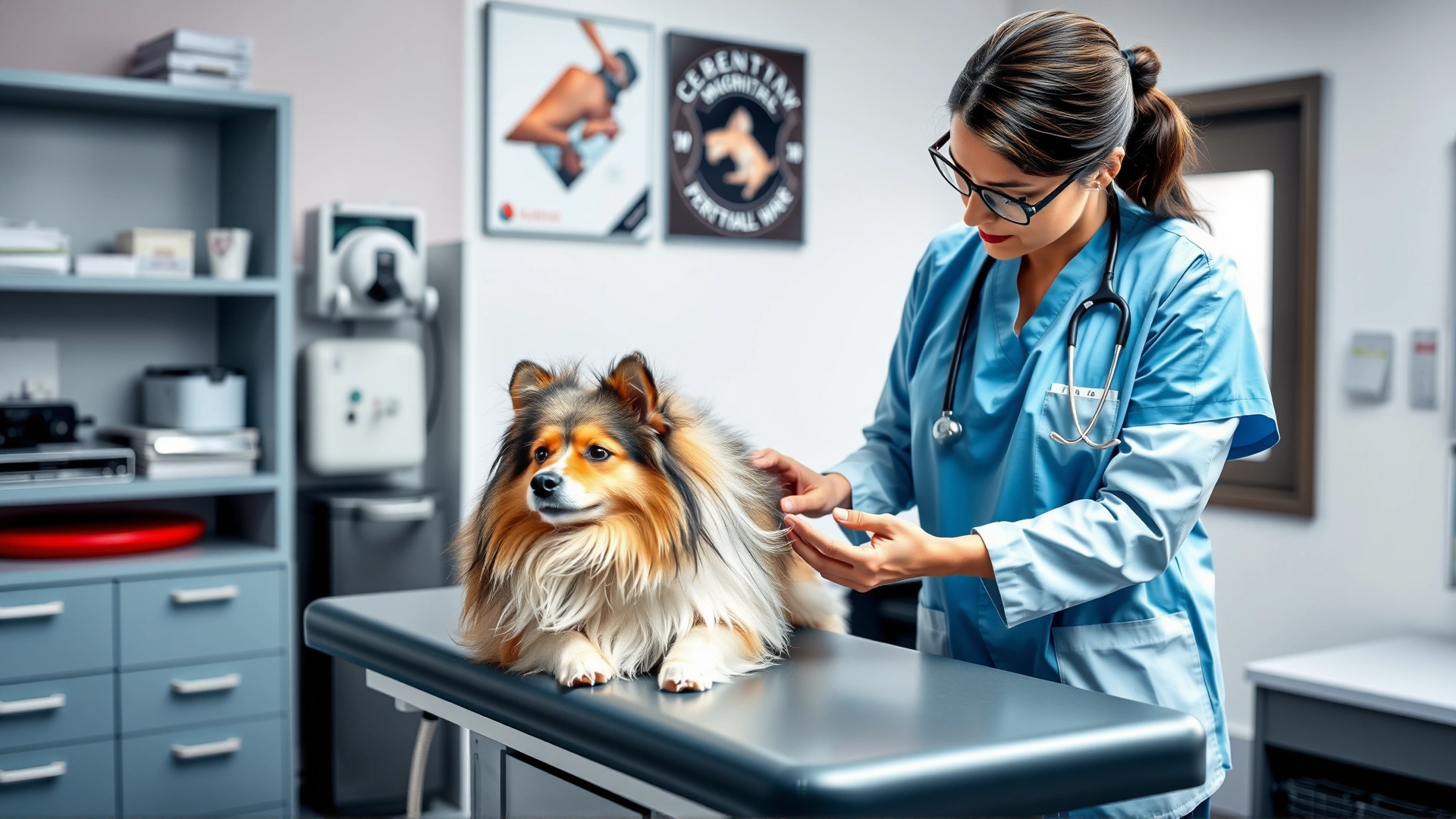 Veterinarian examining a calm Shetland Sheepdog on an examination table inside a modern veterinary clinic, professional environment.