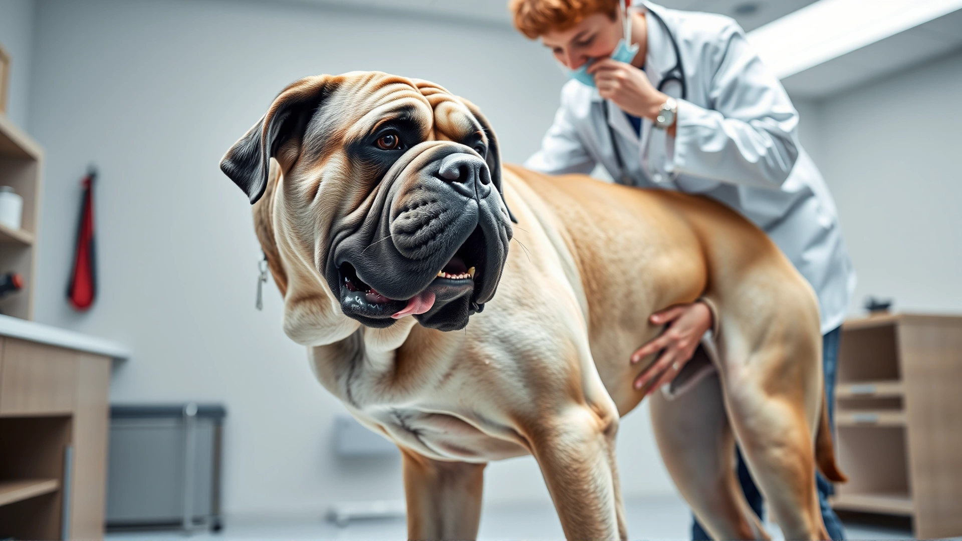 Spanish Mastiff being examined by a veterinarian, vet checking the dog's hips, modern veterinary clinic setting, high-resolution