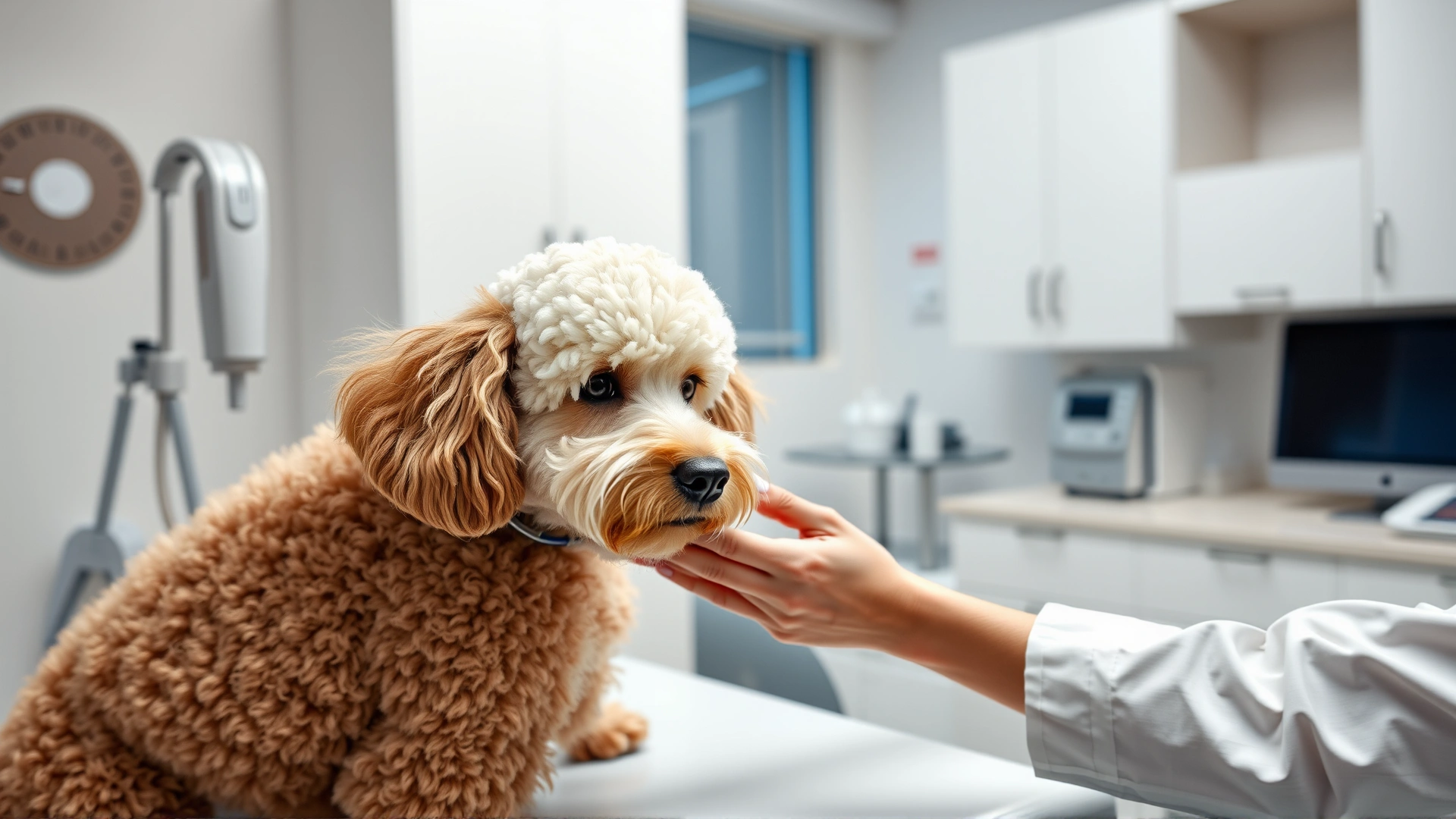 Veterinarian wearing a white coat examining a Standard Poodle’s ears on an exam table inside a clean, well-lit clinic.