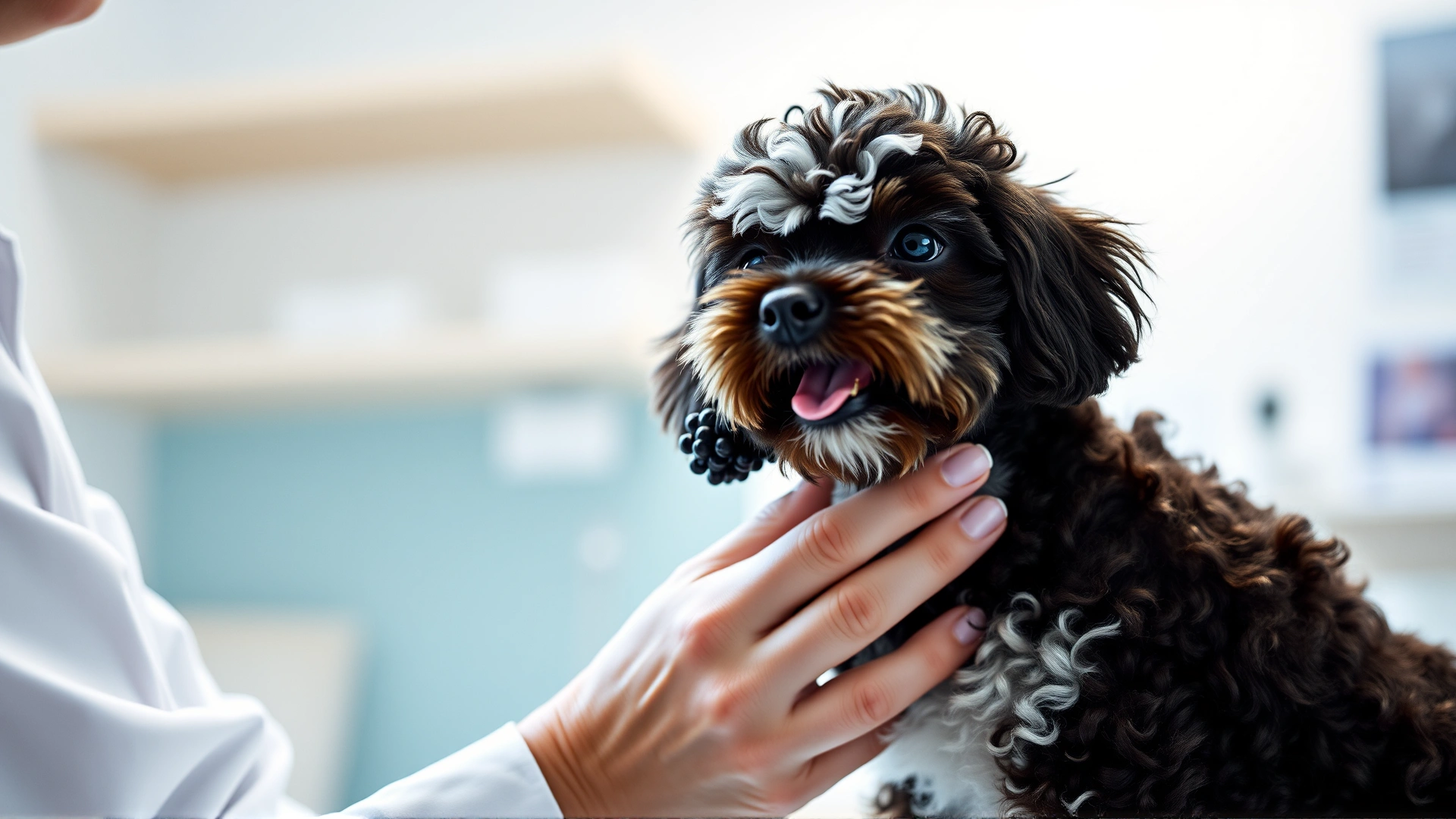 Toy Poodle being gently examined by a veterinarian wearing a white coat in a modern clinic