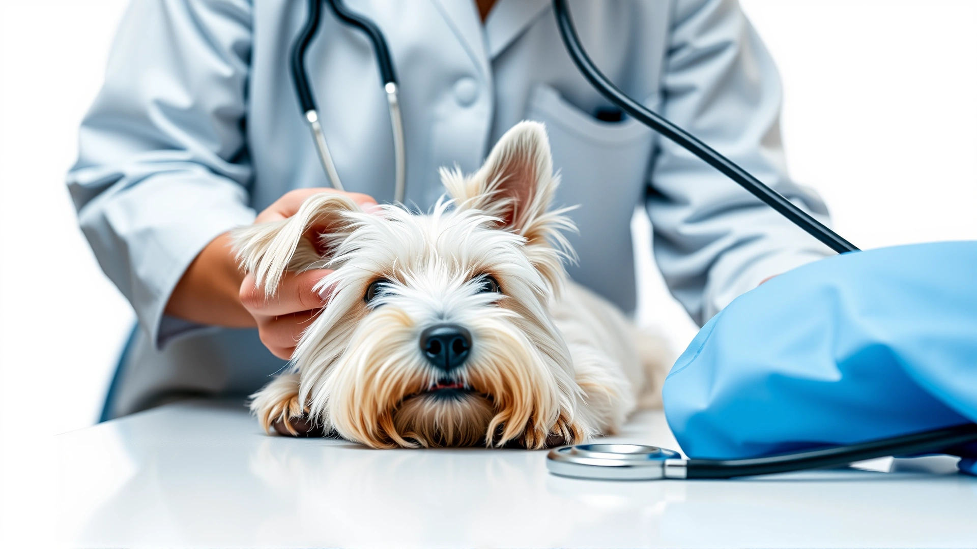 Close-up of a veterinarian examining a Westie on a clinic table with a stethoscope, white background