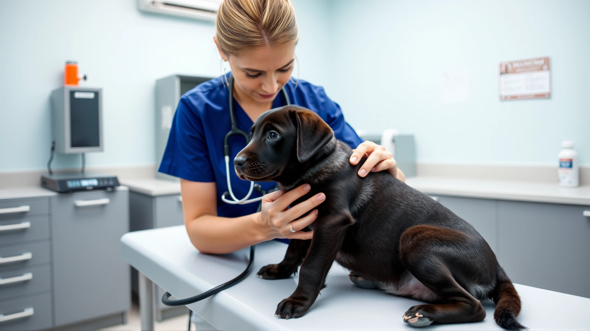 Female veterinarian gently examining a 9-month-old Labrador puppy on an examination table in a well-lit clinic, stethoscope visible, no text