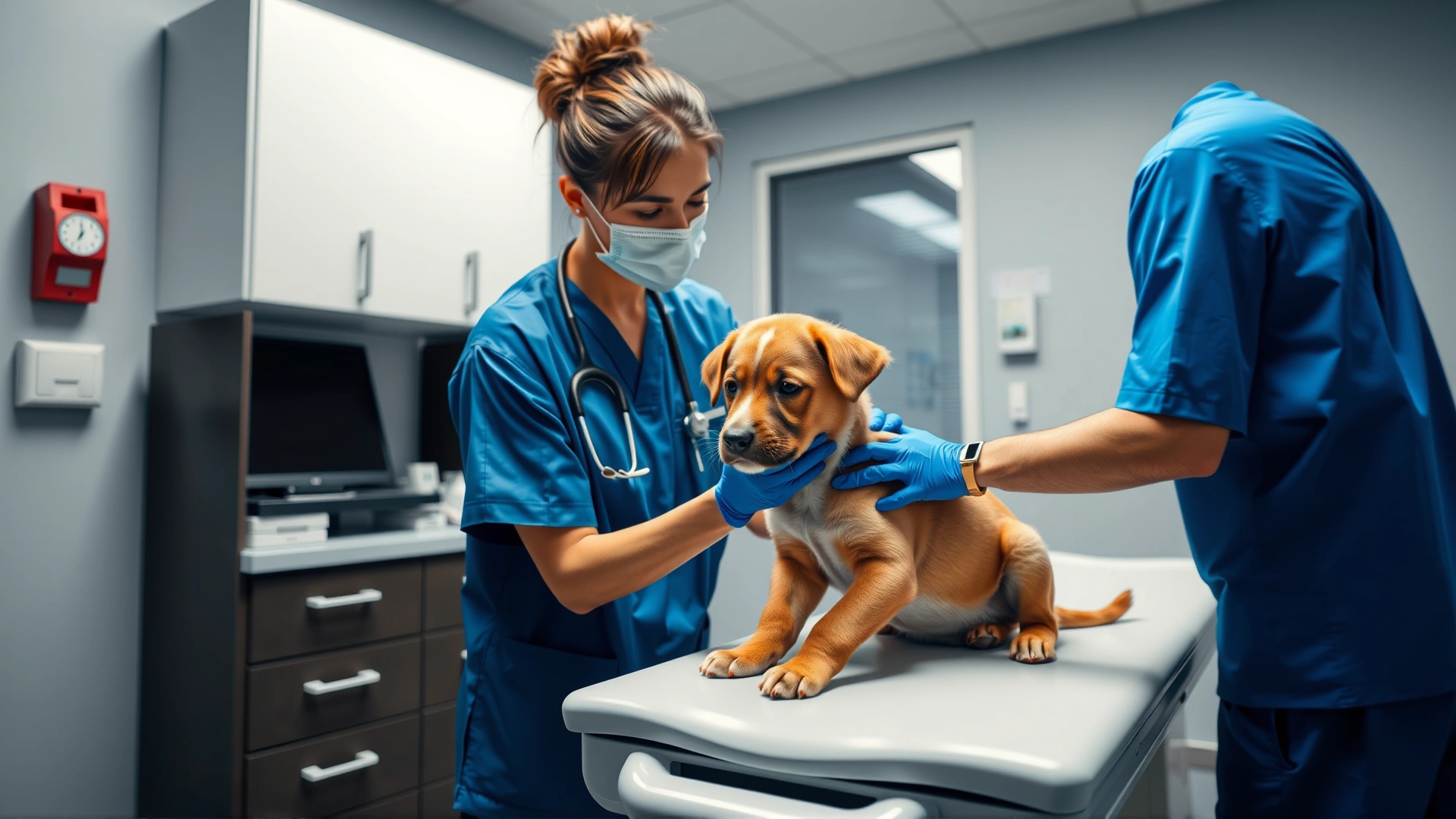 AI-generated image of a veterinarian in blue scrubs gently examining a young puppy on an exam table inside a modern vet clinic