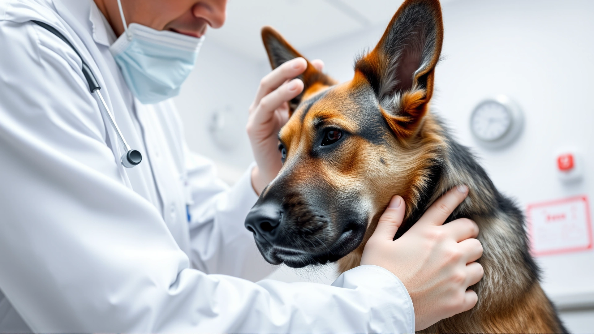 Veterinarian examining a Belgian Tervuren's ears in a modern, well-lit vet clinic, no text