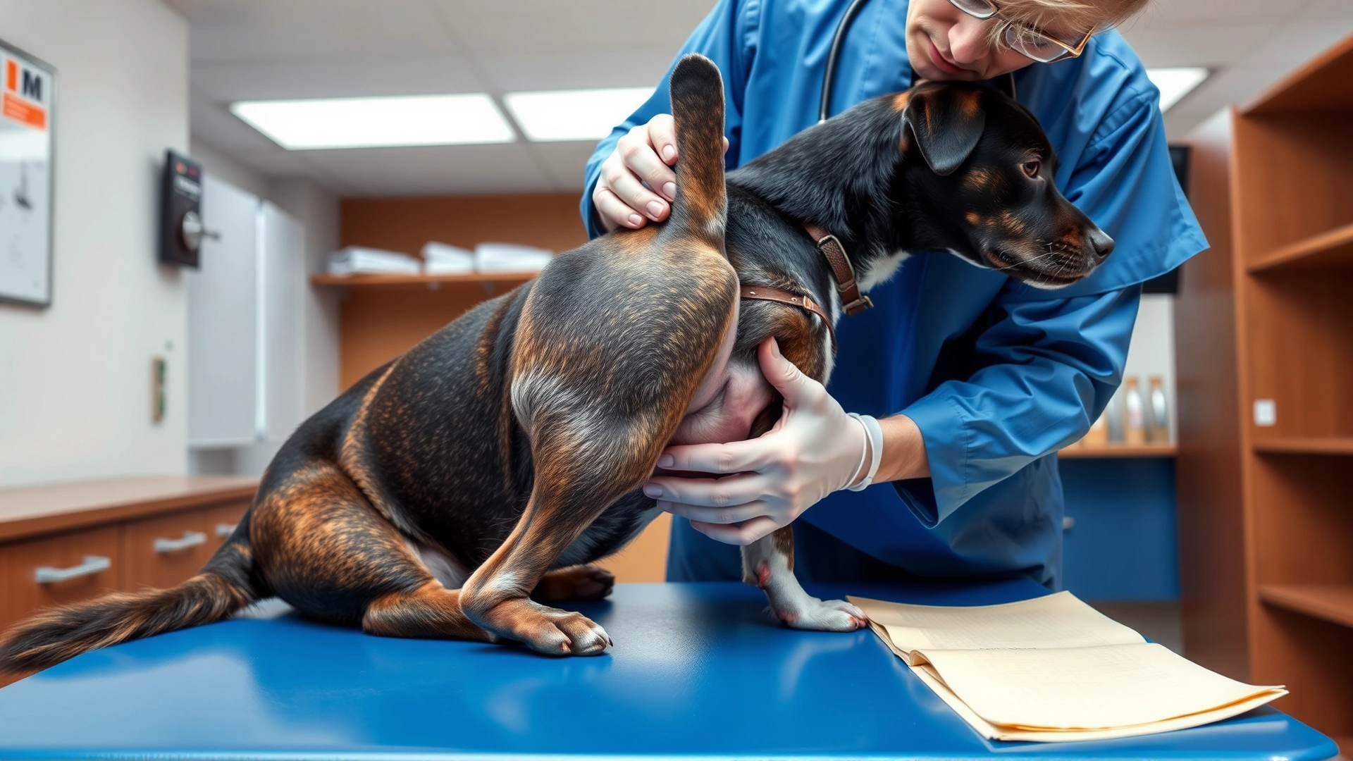 Veterinarian gently examining a dog's hind leg and hips on examination table, medical setting