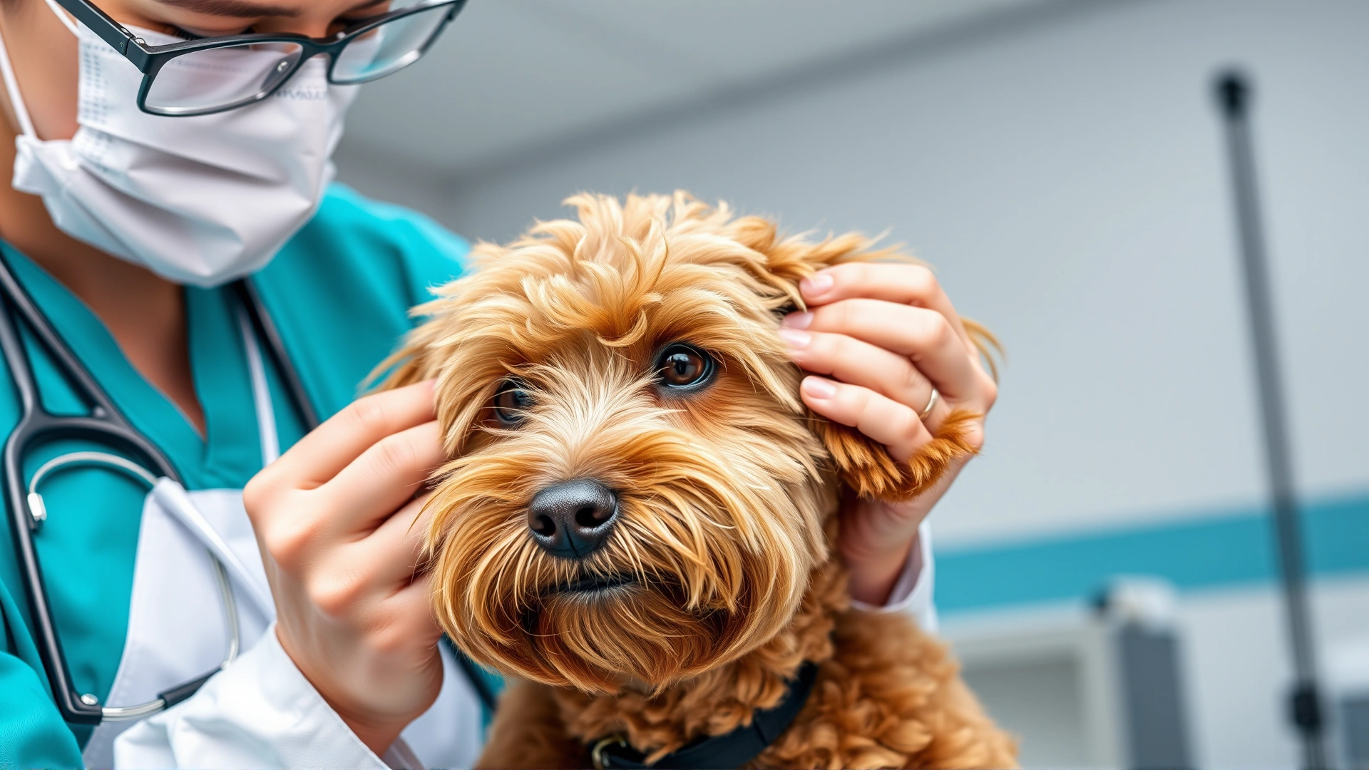 Veterinarian gently examining a doodle dog’s ears in a modern clinic, professional setting, bright clinical lighting