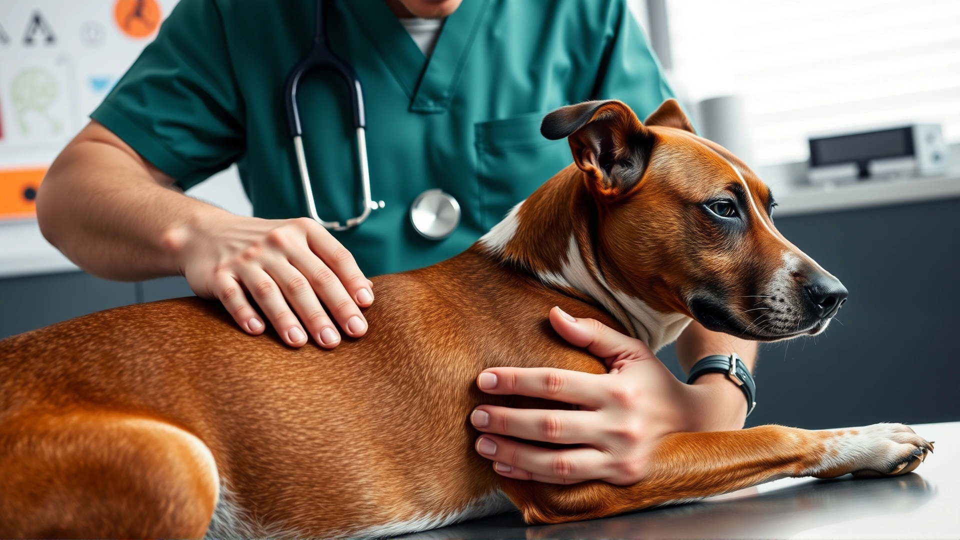 Veterinarian gently examining a sporting dog’s shoulder joint in a modern clinic, highlighting injury prevention