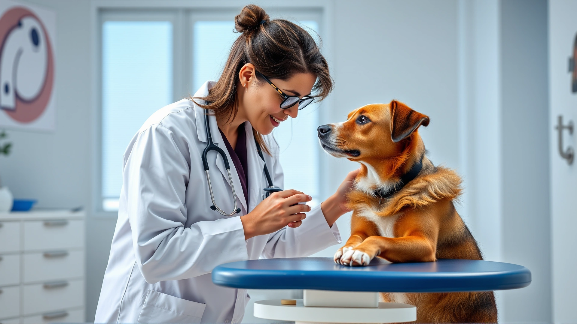 Veterinarian in white coat gently examining an adult dog on a clinic exam table, bright and clean veterinary clinic interior.