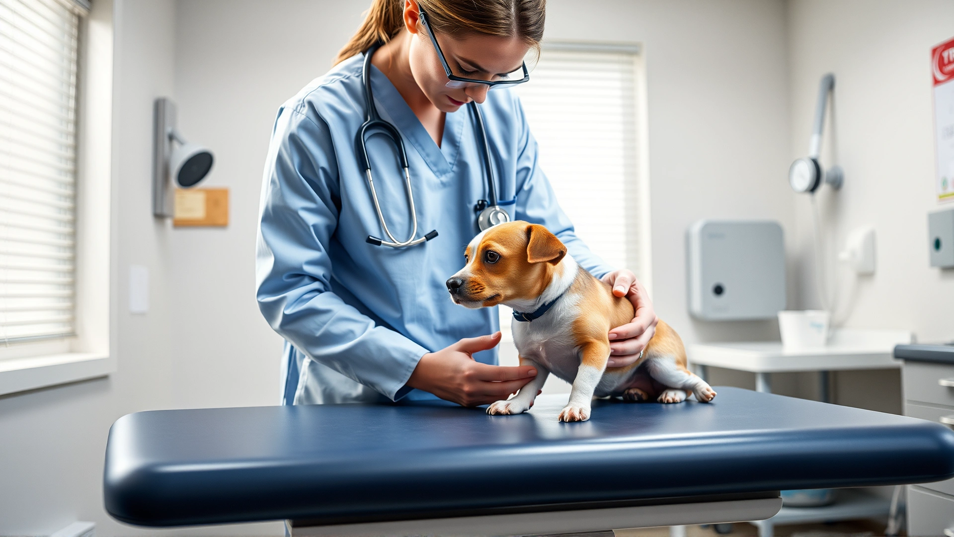 Veterinarian gently examining a small dog on an examination table in a clean clinic; both vet and dog appear calm and comfortable.
