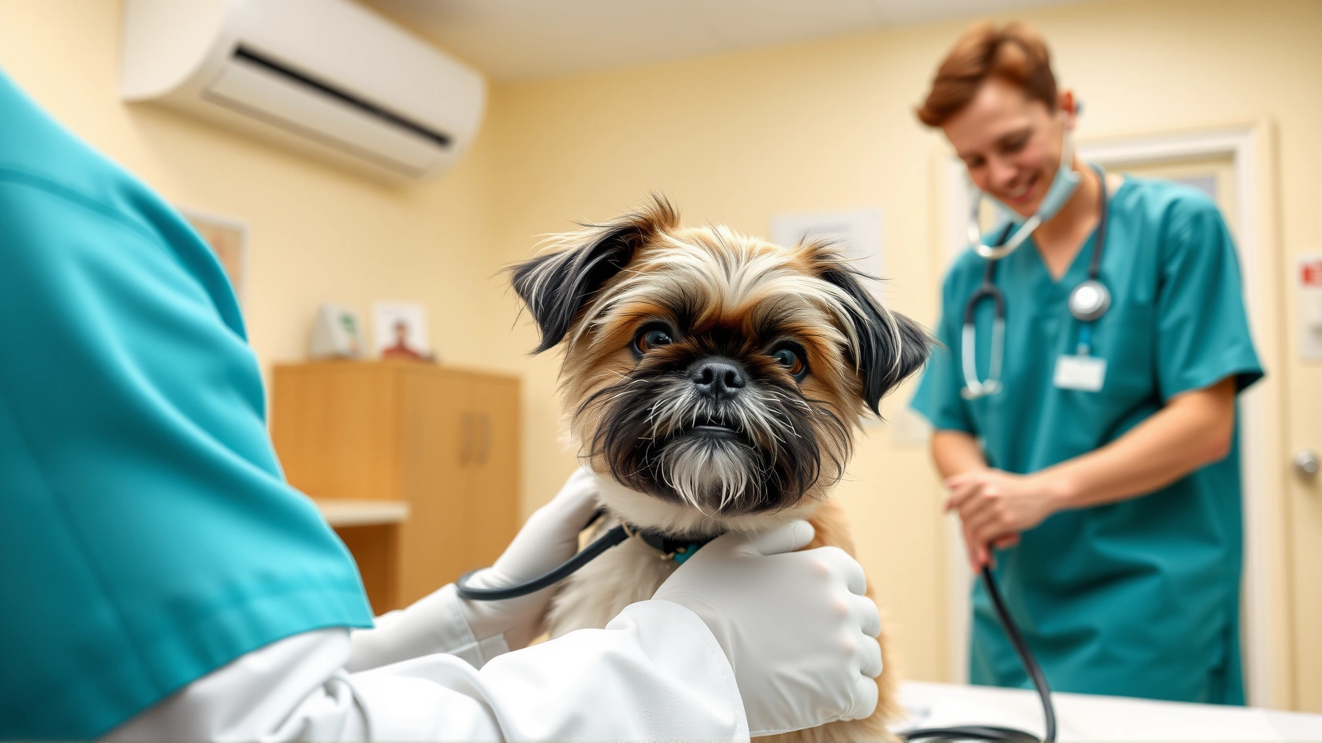 Veterinarian examining a Shih Tzu with a stethoscope inside an air-conditioned veterinary clinic, bright and clean environment.