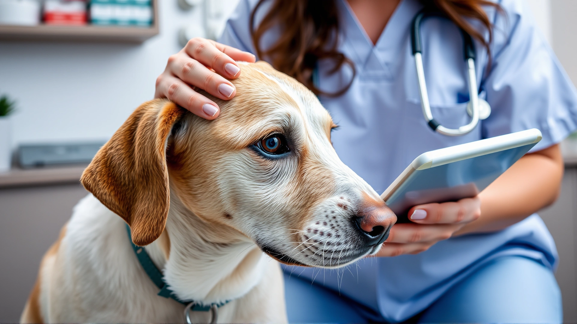 Veterinarian gently examining an older dog’s eyes and joints in a clinic, tablet resting on counter in background