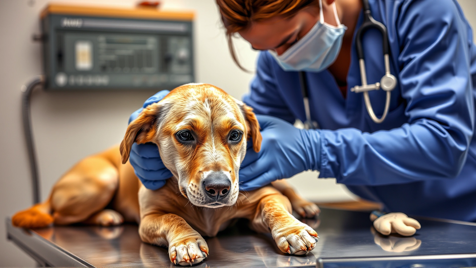 A veterinarian gently examining a rescue dog on an exam table, both appearing calm and trusting