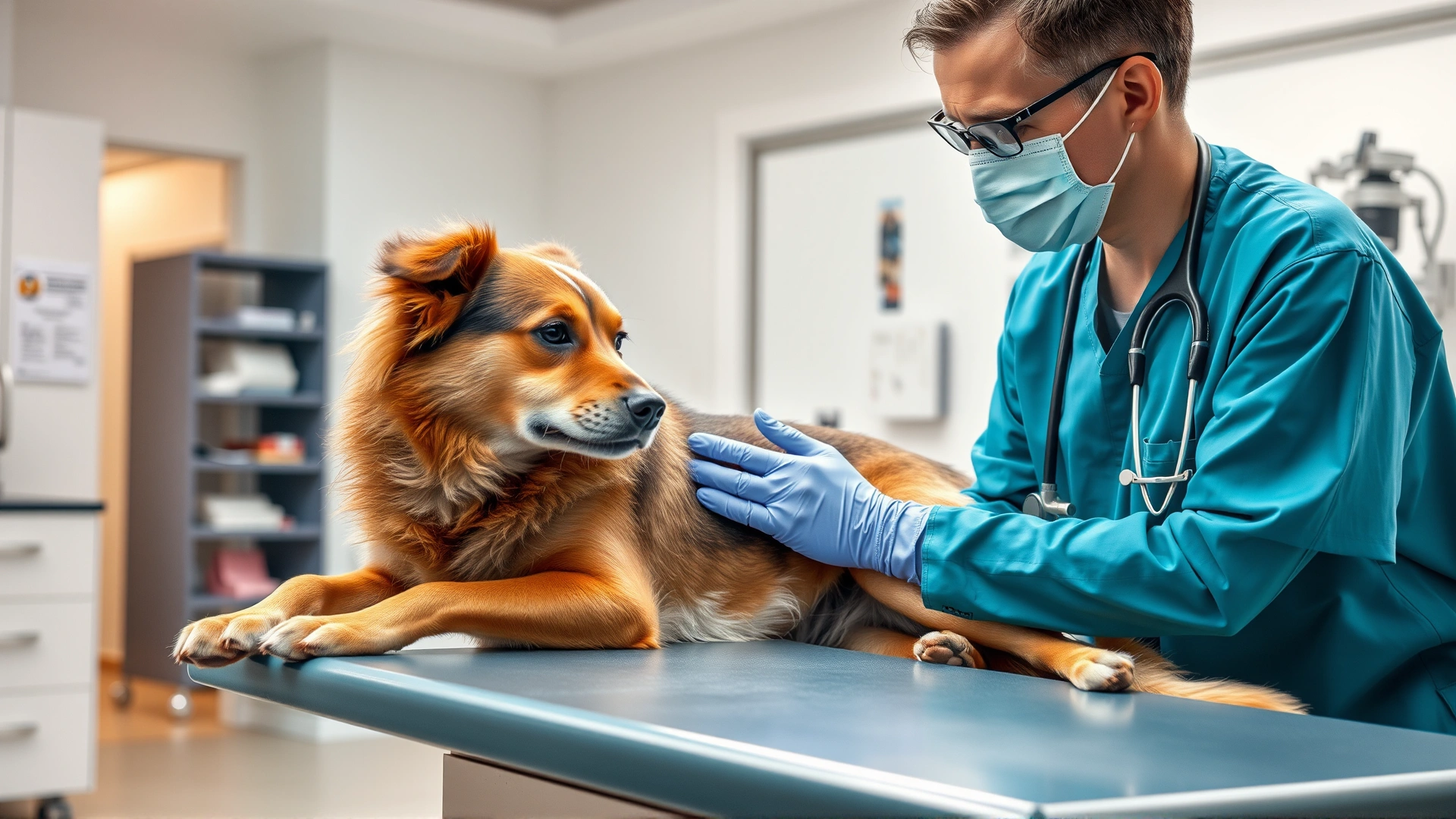 A veterinarian gently examining a calm mixed-breed dog on an examination table inside a bright, modern clinic.