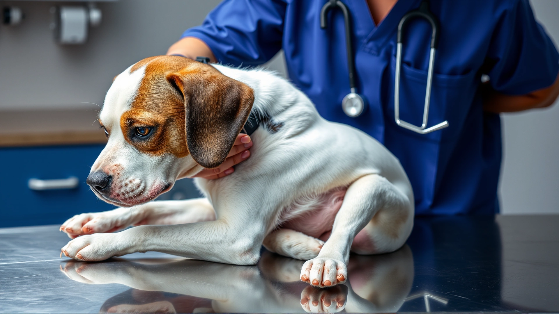 A veterinarian gently palpating a dog's abdomen on a stainless steel exam table
