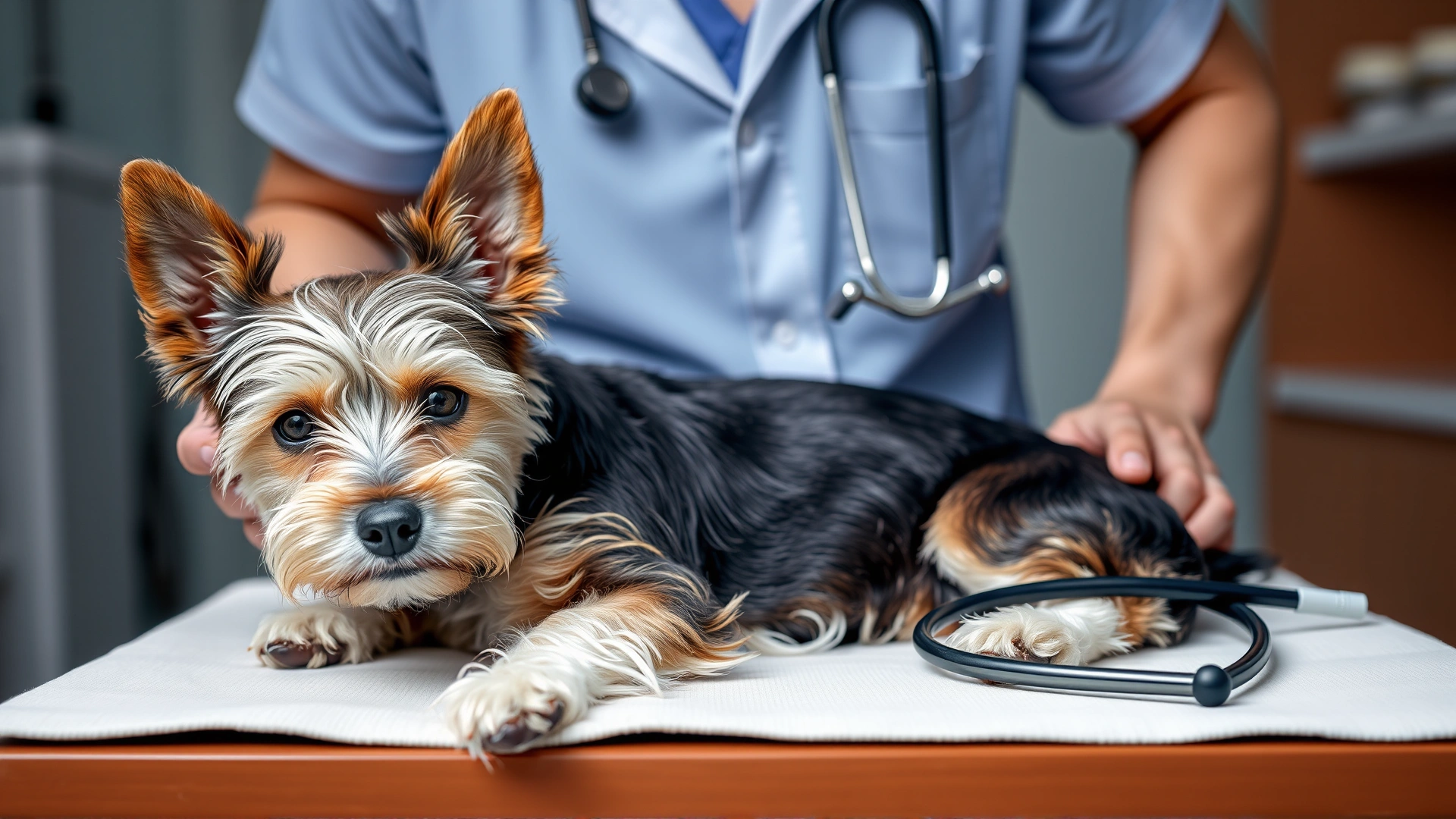 A veterinarian gently examining a calm Biewer Terrier on a clinic table, stethoscope visible.