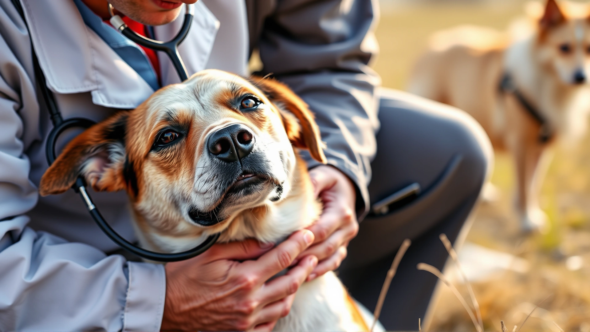A veterinarian in a field setting gently examining a dog's heart with a stethoscope before a lure coursing run.