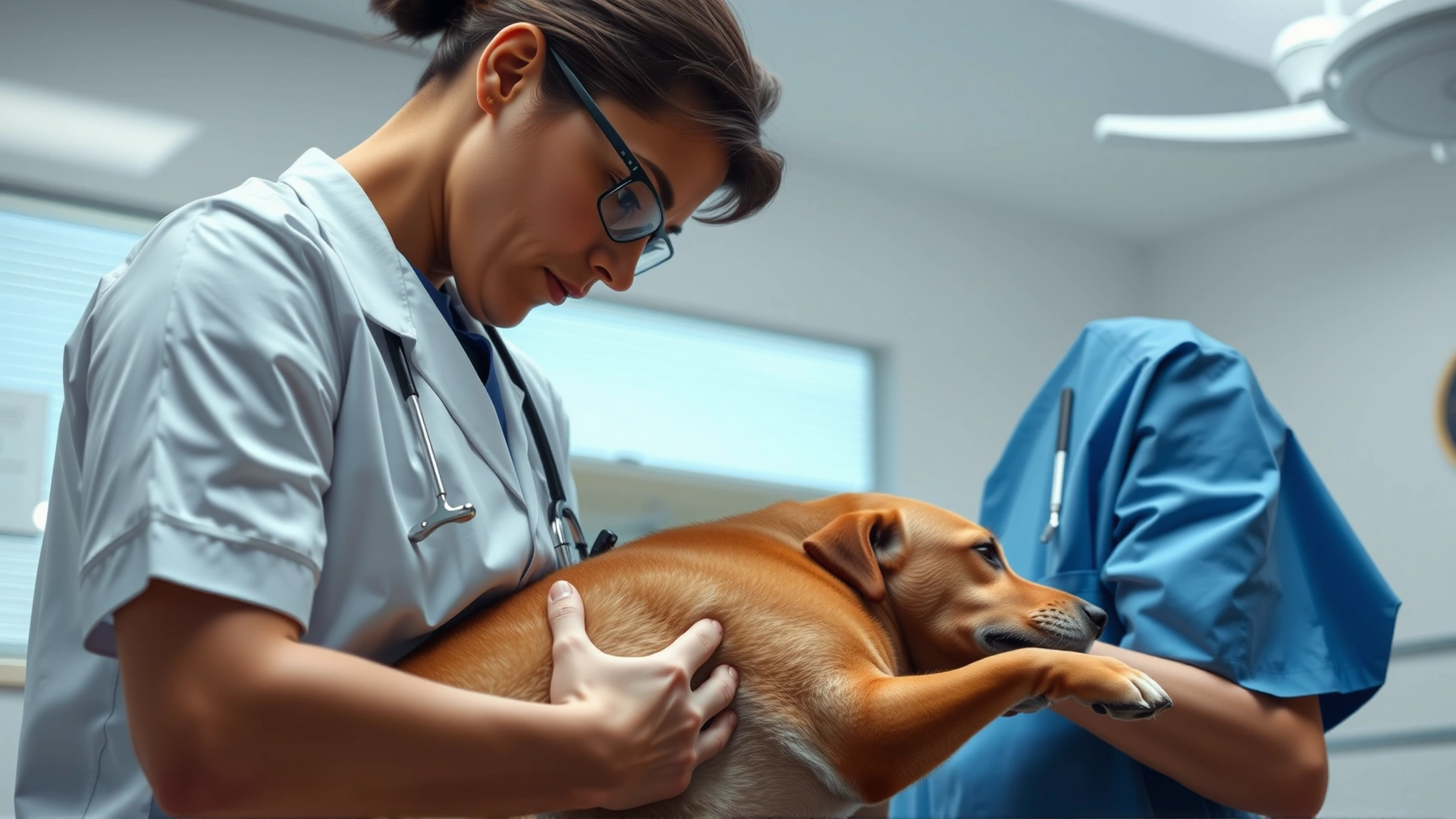 Veterinarian gently examining a dog's abdomen in a bright clinic room, focus on care and health check.
