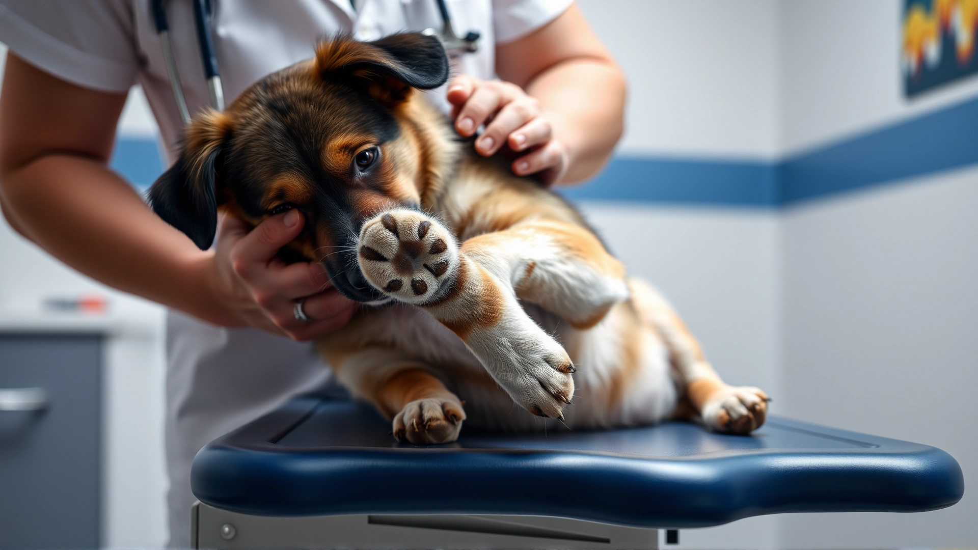 Veterinarian gently examining a dog's paw on an exam table, showing a calm clinical environment.