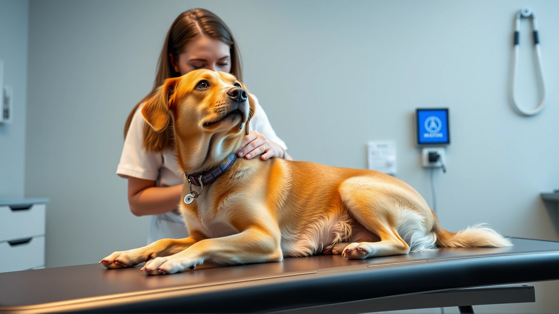 A veterinarian in a modern clinic gently examining a medium-sized dog on an exam table, to reflect medical evaluation for urinary issues.