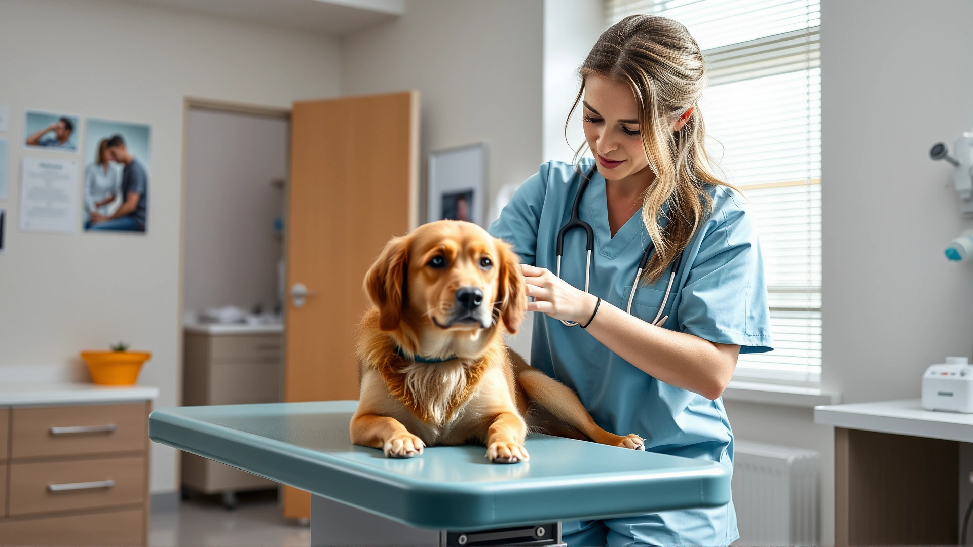 Veterinarian in a well-lit clinic gently examining a nervous dog on the exam table; calm atmosphere with vet wearing light-blue scrubs.