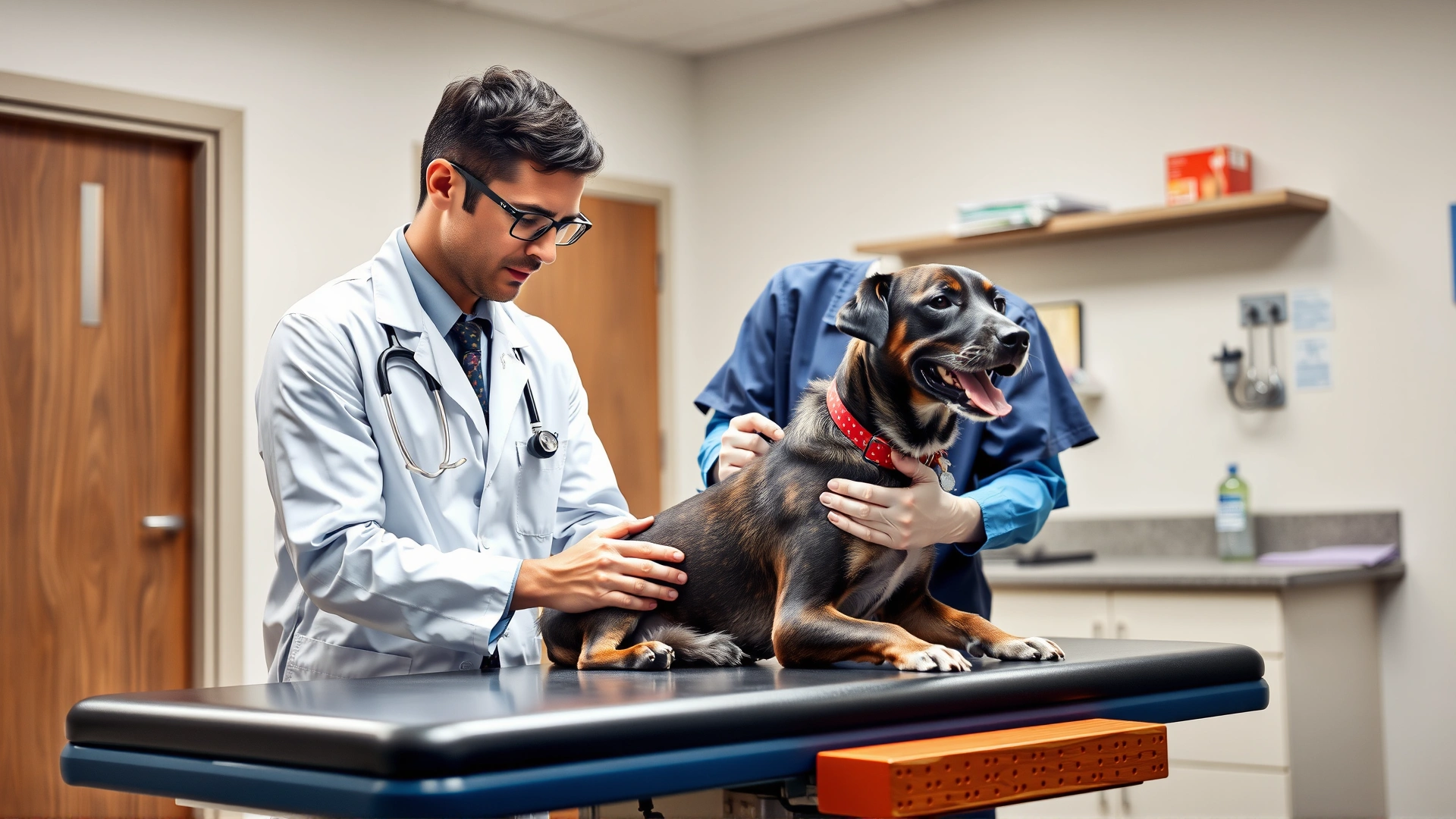 Veterinarian in a modern clinic examining a healthy foster dog on an exam table; professional and clean atmosphere.