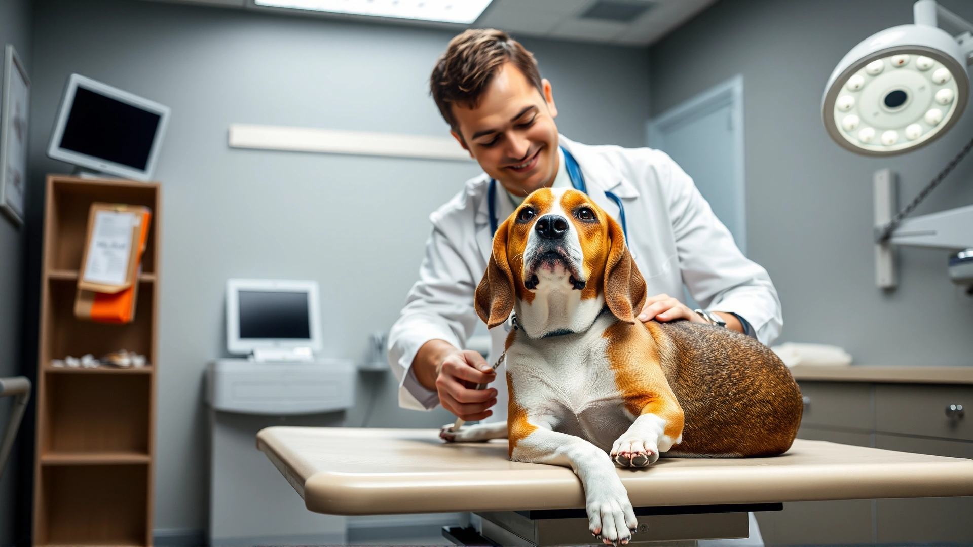 Friendly veterinarian in white coat gently examining a calm beagle on an exam table in a modern clinic, bright lighting
