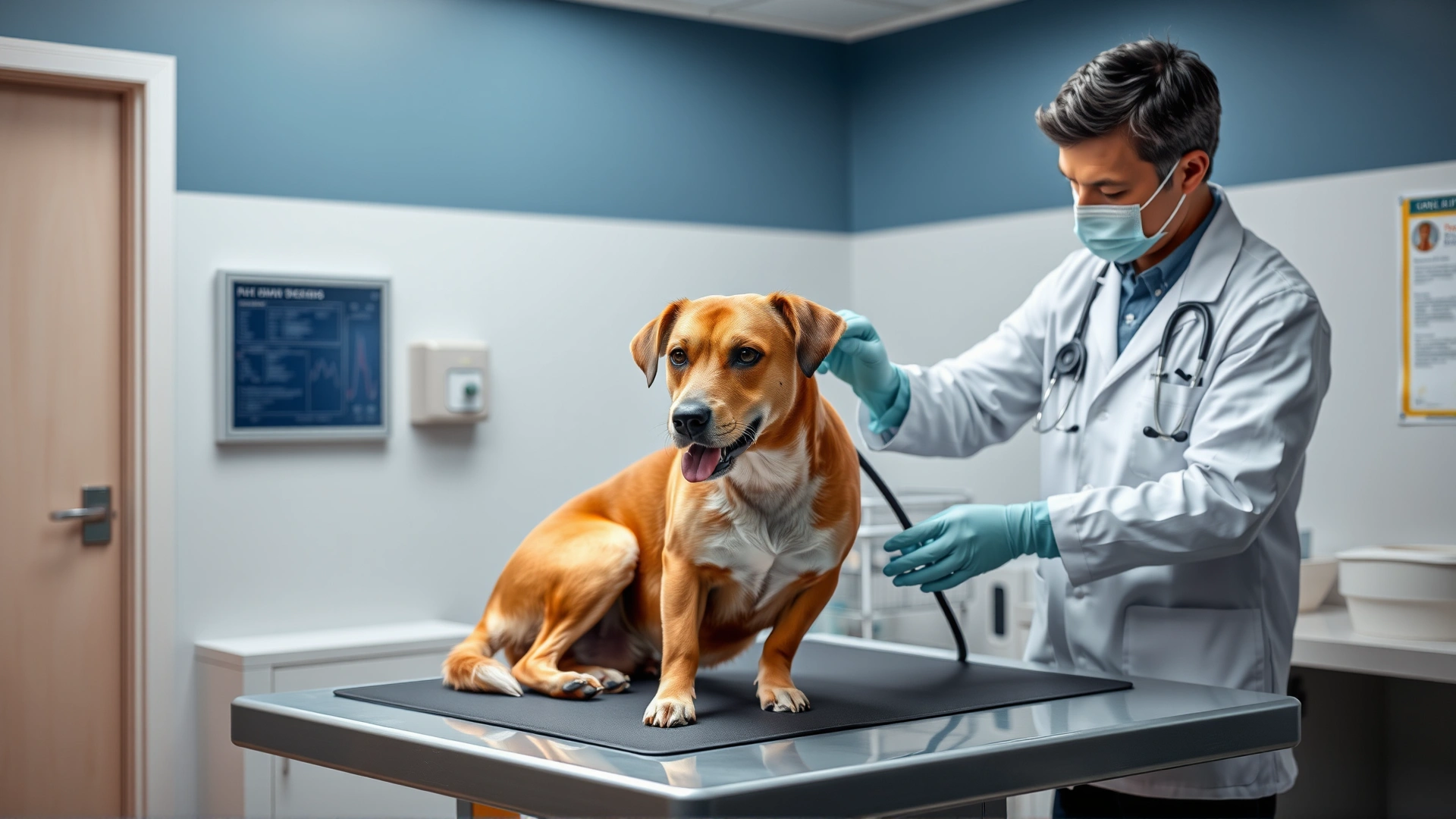 Veterinarian in a clinic examining a medium-sized dog on an exam table, focusing on a routine health check-up.