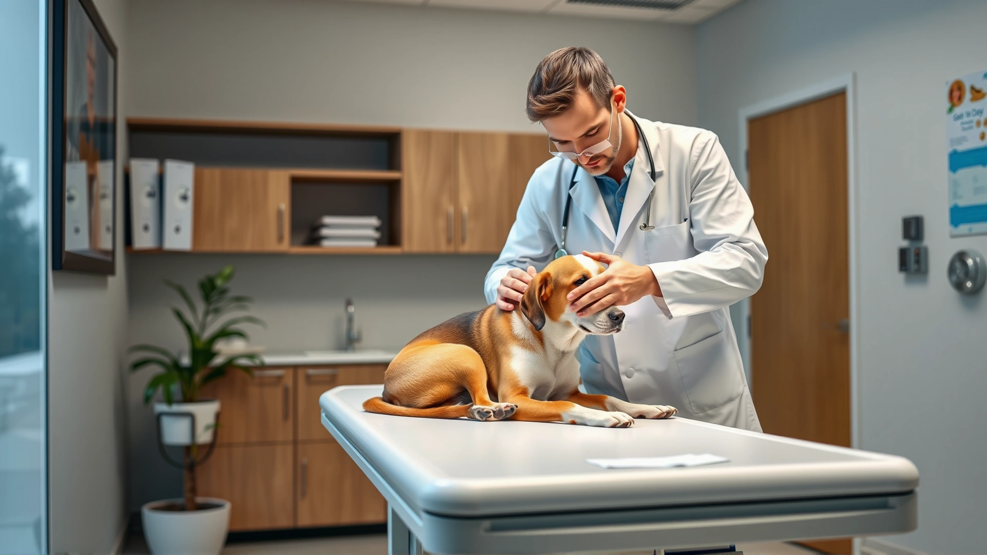 Veterinarian in white coat gently examining a dog on an exam table inside a modern clinic