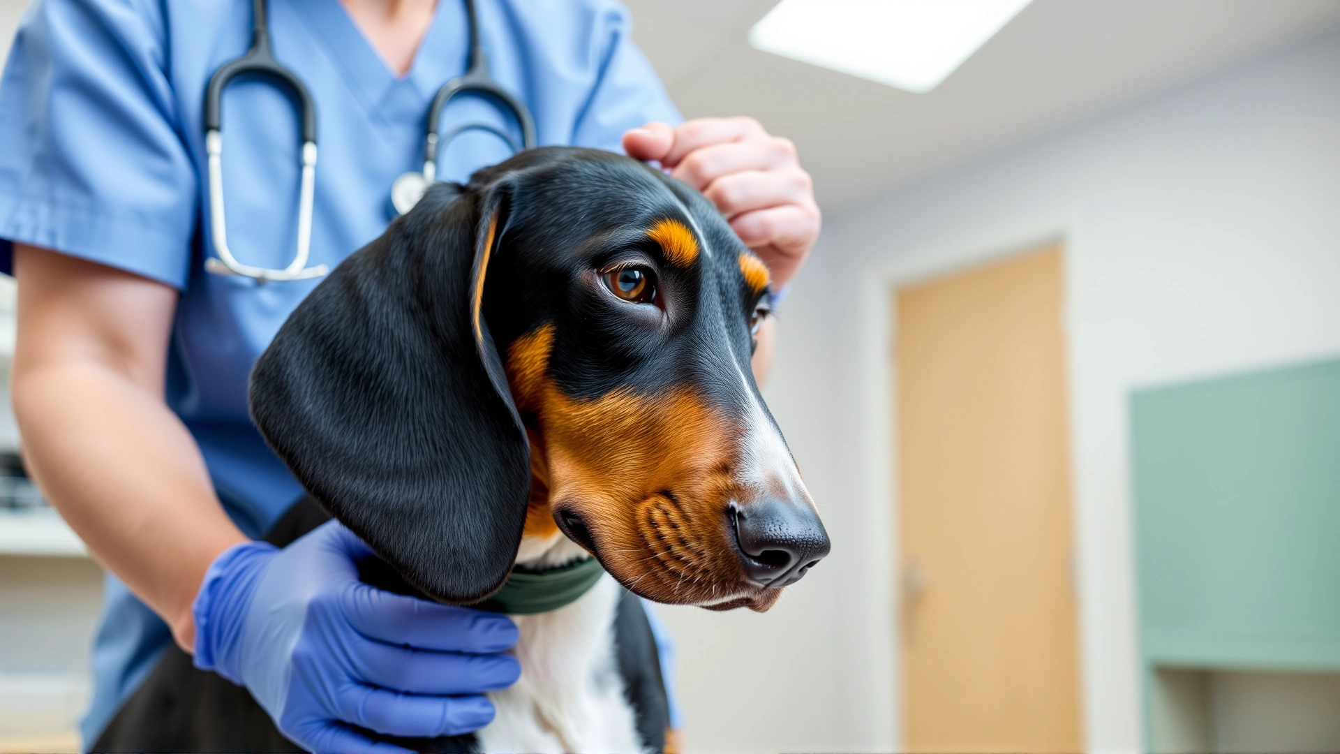 A veterinarian gently examining a Black and Tan Coonhound’s long ears in a modern clinic, dog calm and cooperative.