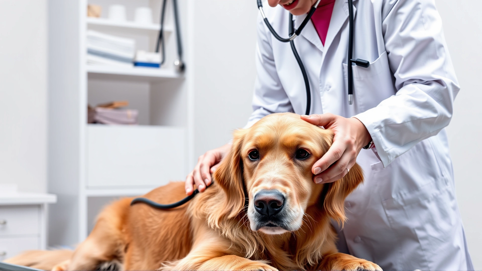 Veterinarian using a stethoscope to examine a Golden Retriever on an examination table