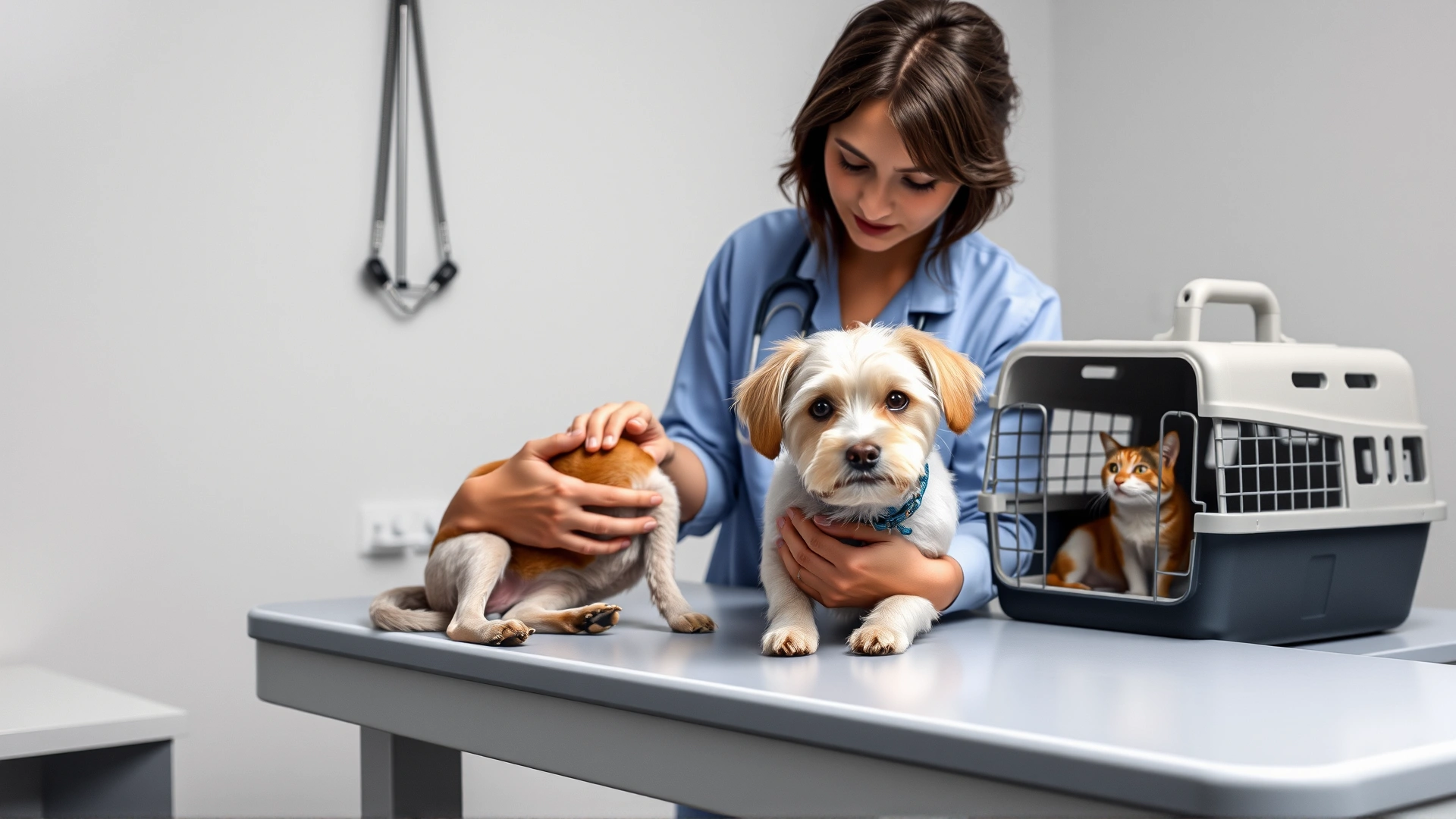 Veterinarian gently examining a small dog on an exam table while a cat waits in a carrier nearby