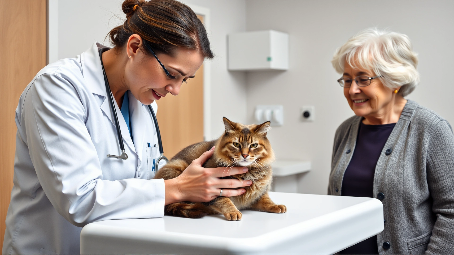 Veterinarian gently examining a calm senior cat on an exam table while an elderly female owner stands nearby smiling; professional clinic backdrop.