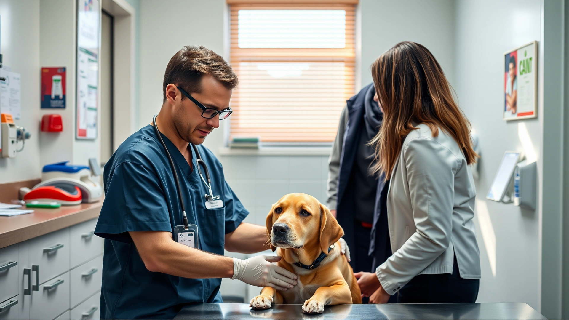 Bright veterinary clinic where a veterinarian gently examines a calm dog while the owner watches, illustrating pre-travel health checks