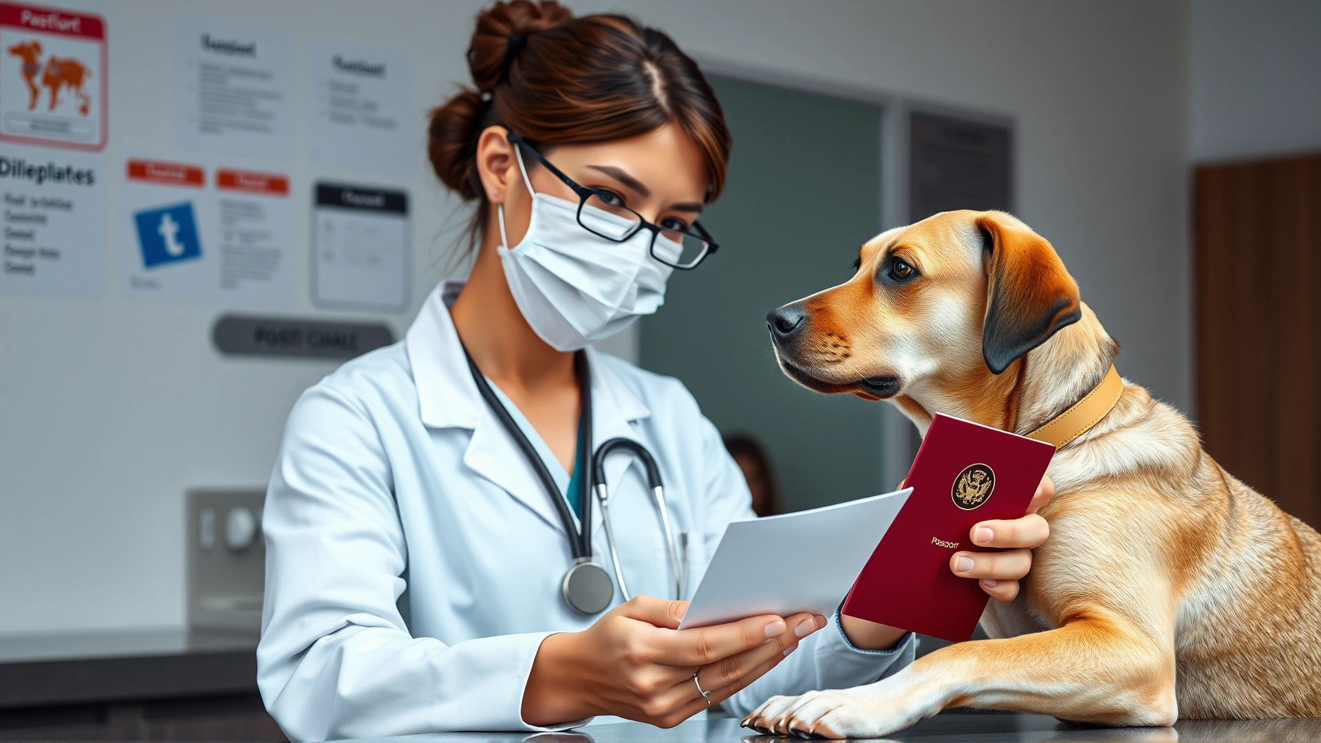Veterinarian examining a dog's passport and health certificate at a clinic counter