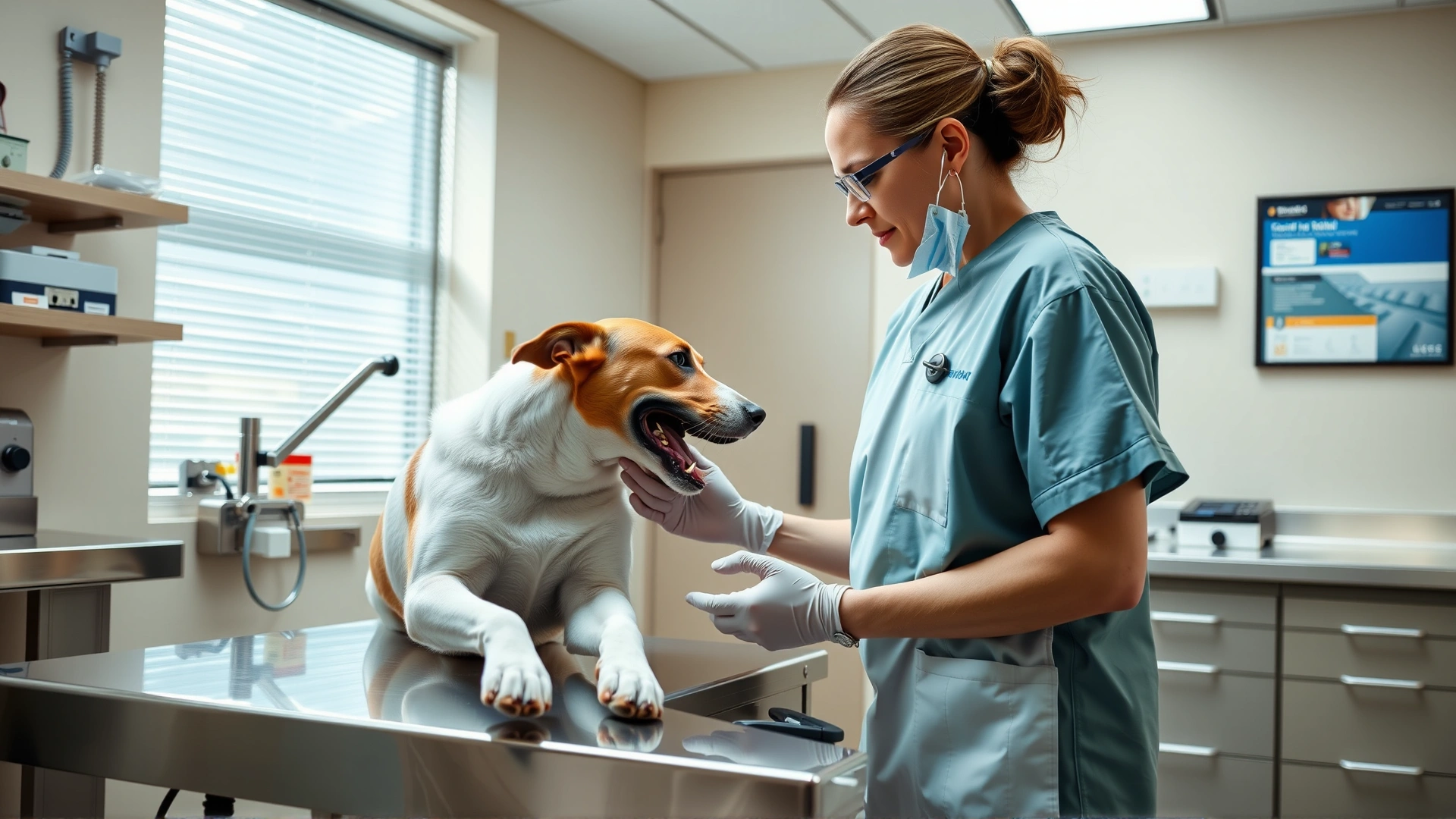 Veterinarian wearing scrubs examining a dog's mouth on a stainless-steel examination table inside a modern clinic.