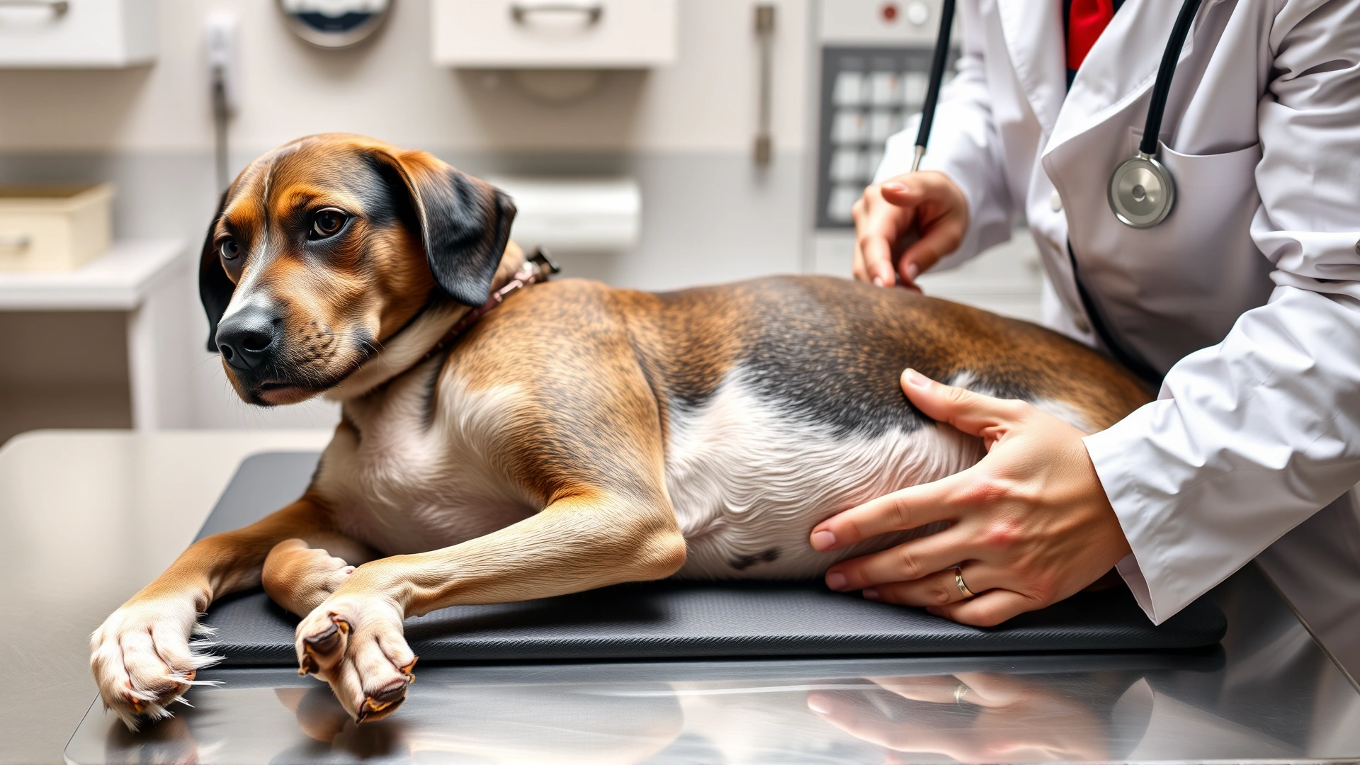Dog on an examination table at a veterinary clinic, veterinarian gently palpating the dog’s abdomen with stethoscope nearby.