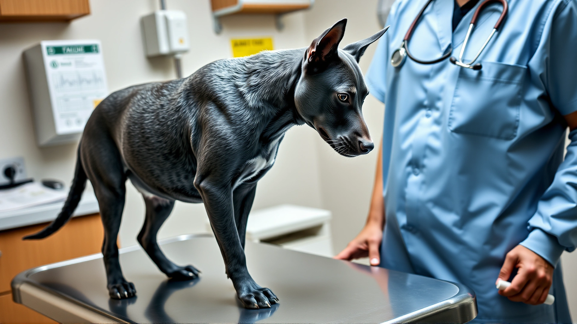 Blue Lacy calmly standing on a veterinary exam table while a vet listens to its heartbeat with a stethoscope.