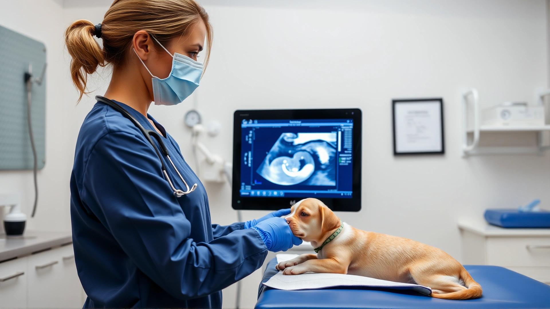 Female veterinarian performing an ultrasound scan on a small pregnant dog in a bright veterinary clinic exam room