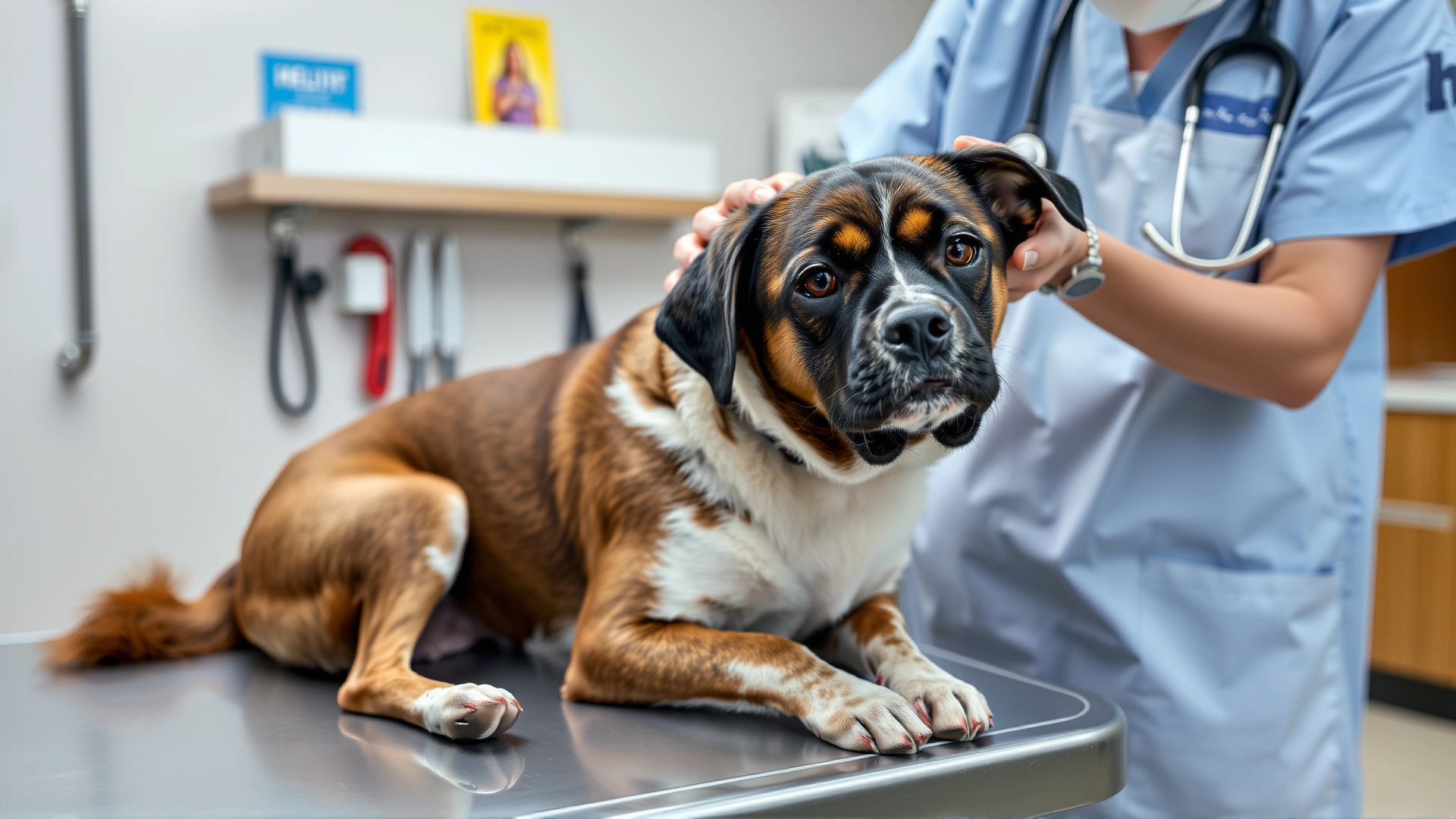A veterinarian in a clinic gently examining a dog on an exam table to assess its health