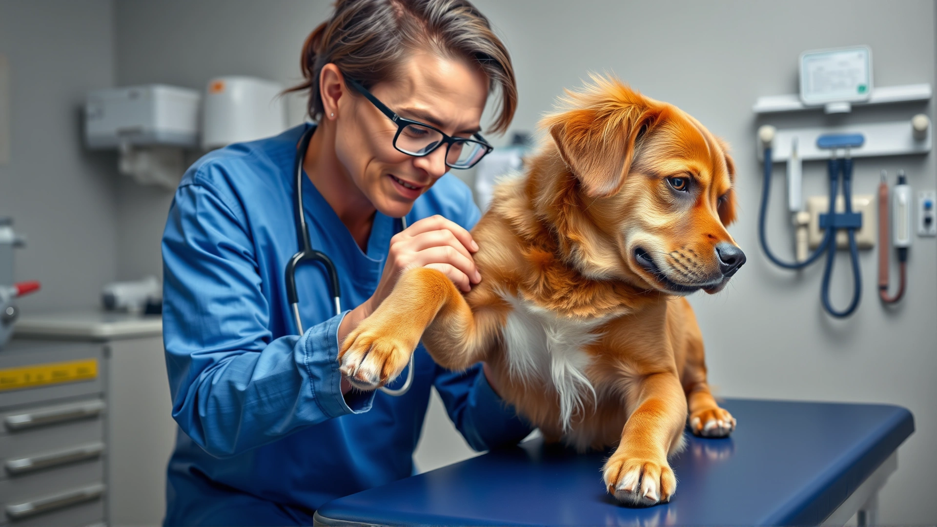 Veterinarian in clinic examining a dog's swollen paw on exam table, caring expression, medical equipment in background