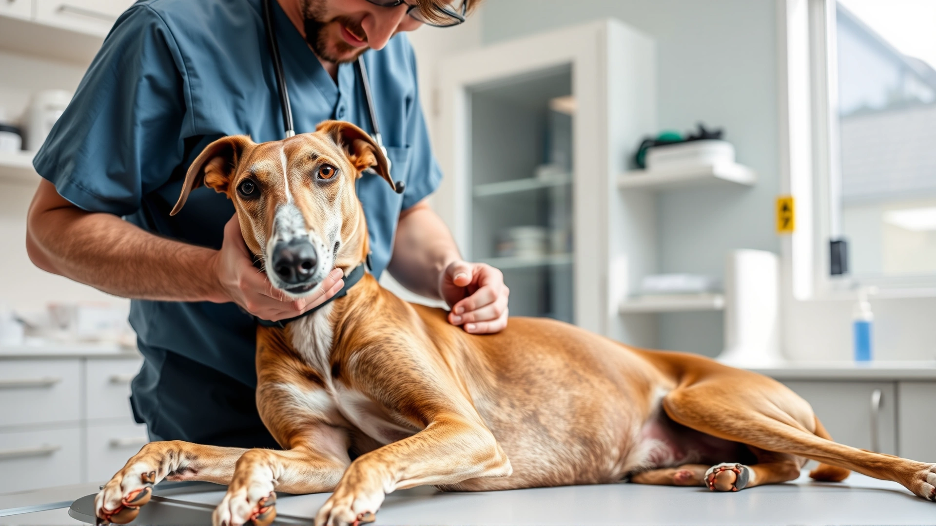 A veterinarian gently examining a relaxed greyhound on an examination table in a bright clinic.