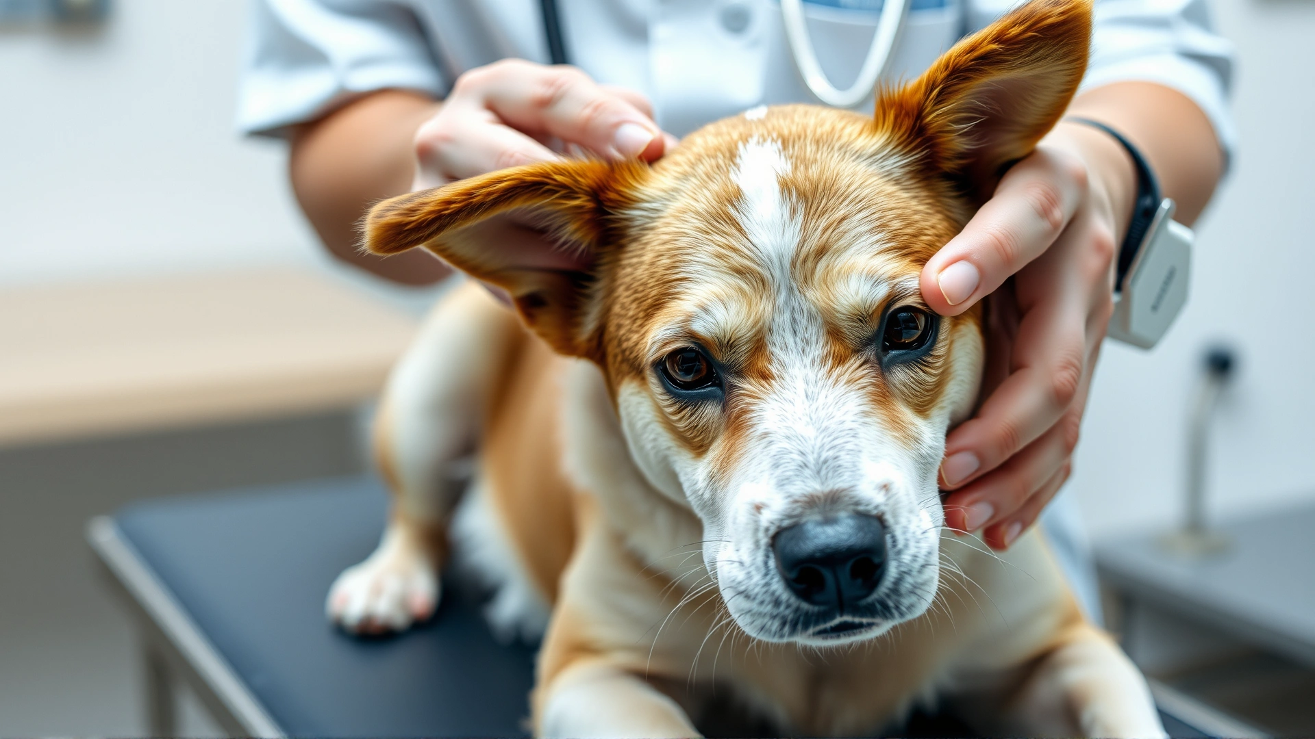 Close-up of a veterinarian gently examining a healthy medium-sized dog on an examination table, showing a caring and professional environment.