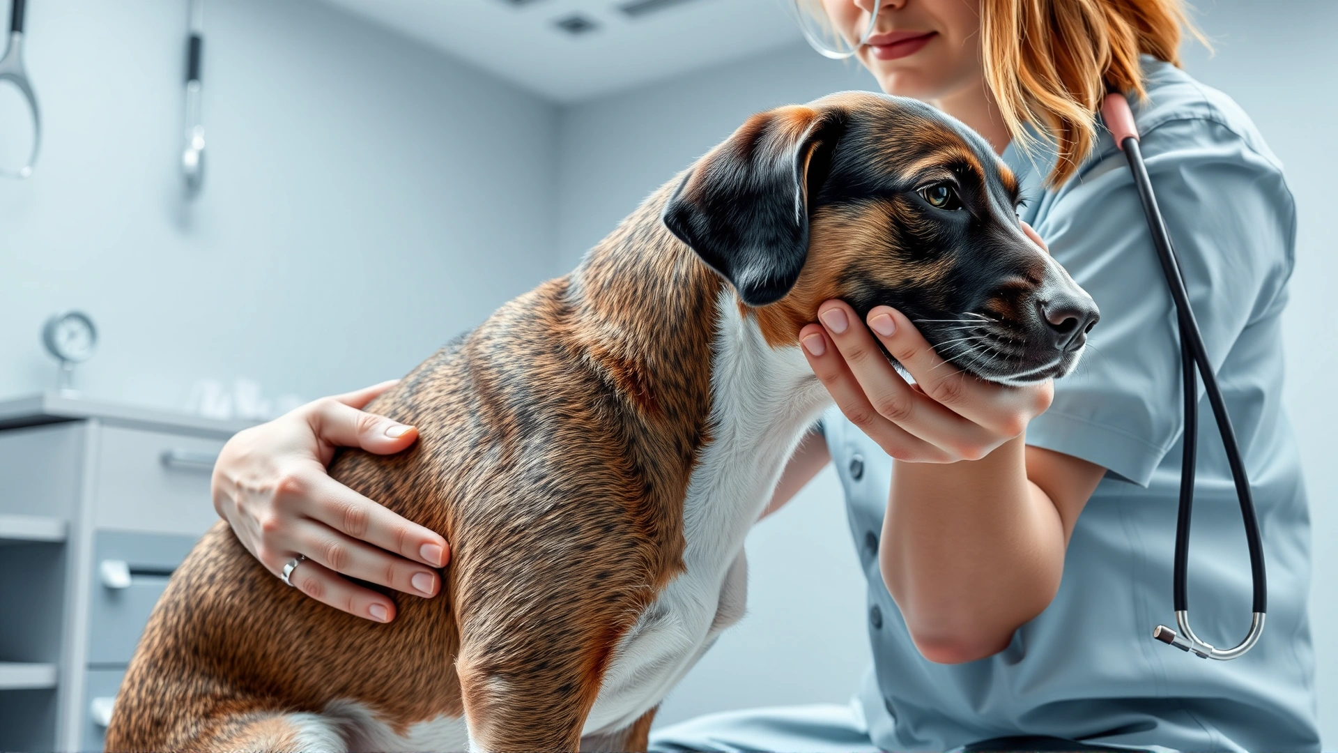 A veterinarian gently examining a dog’s front leg and shoulder in a modern clinic, highlighting health check importance