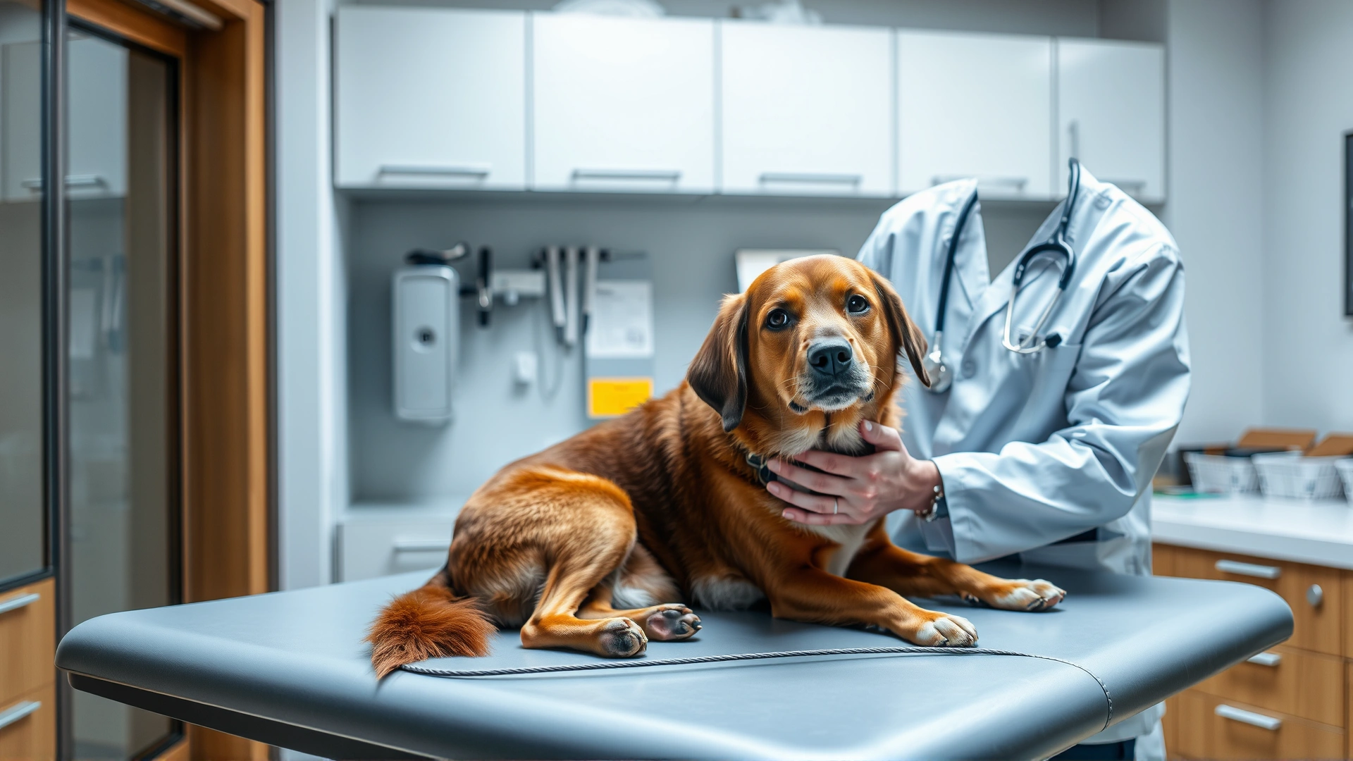 Veterinarian examining a calm dog on an examination table inside a modern vet clinic