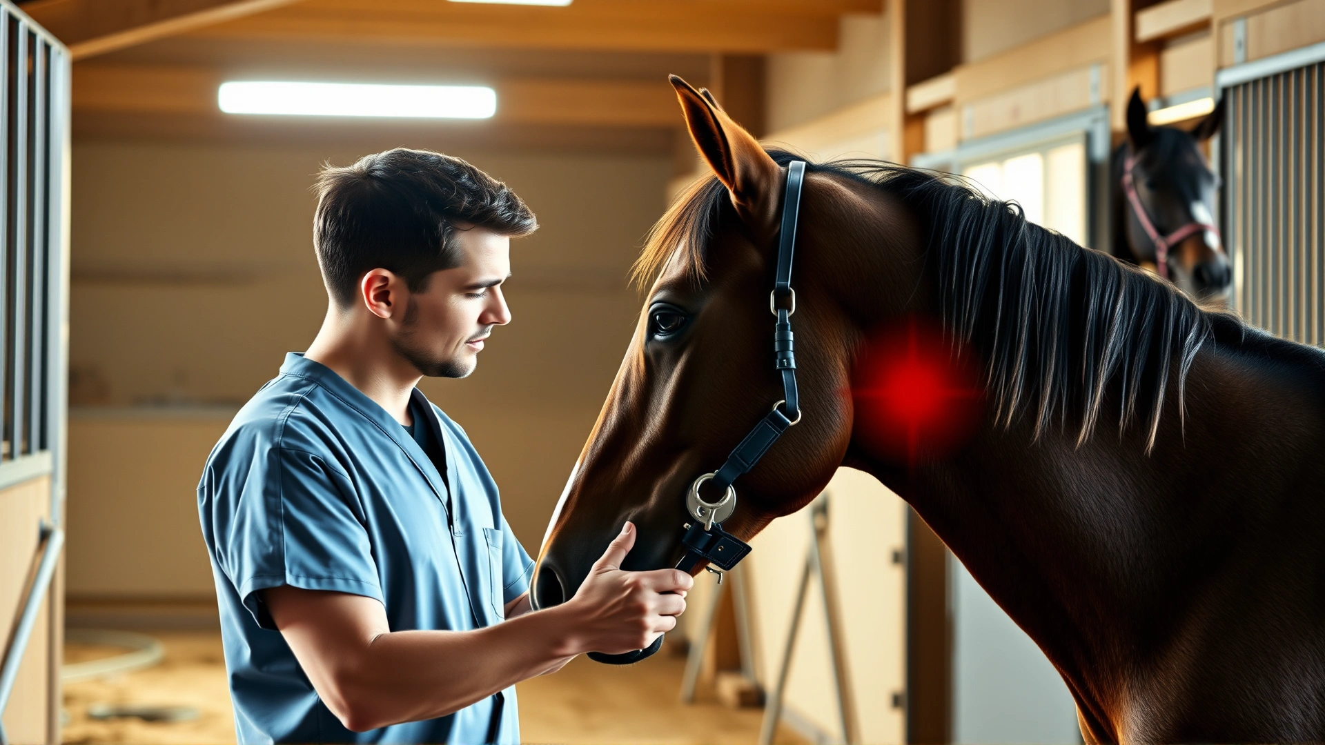 Equine veterinarian wearing scrubs and using a stethoscope to listen to a horse’s heartbeat inside a well-lit barn.