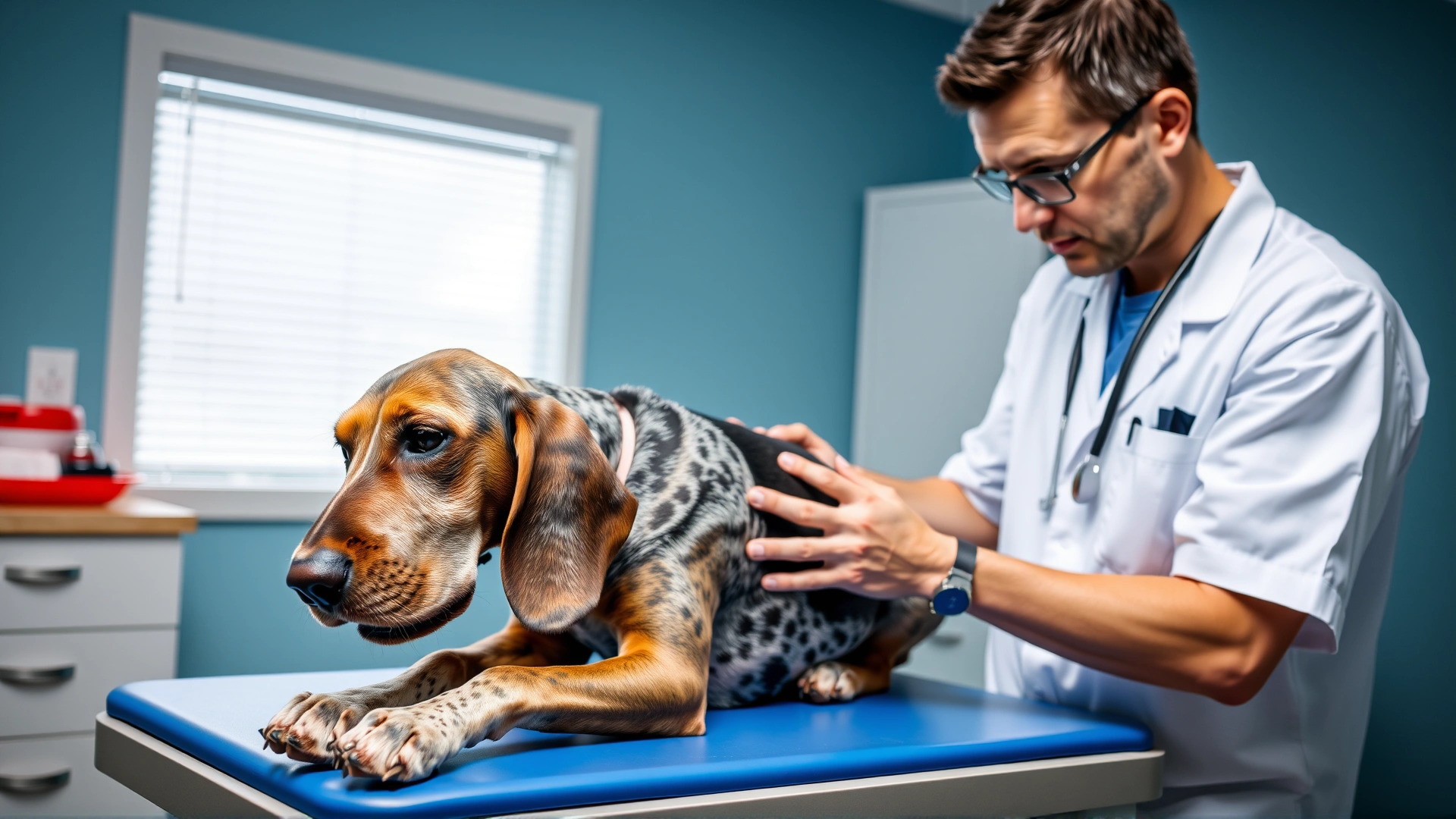 Veterinarian examining a Bluetick Coonhound's floppy ear on an exam table, clinical setting, bright lighting.