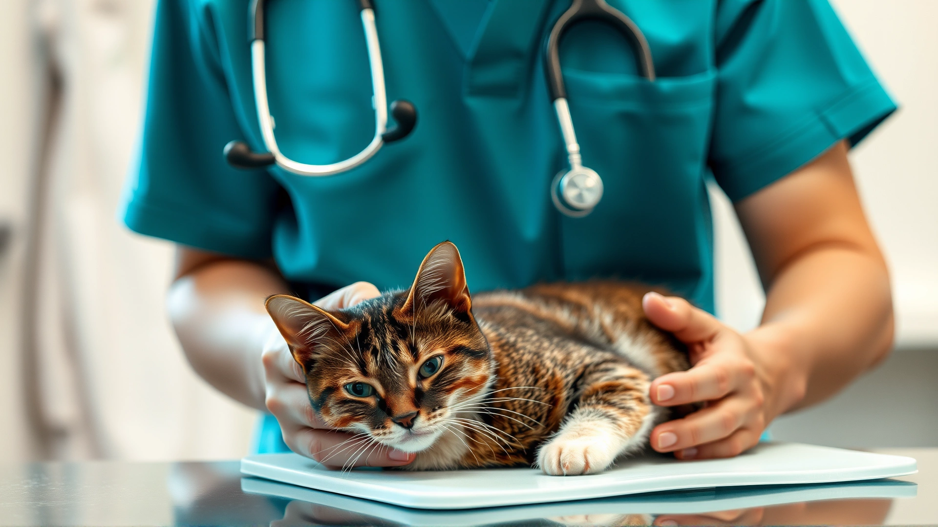 Veterinarian gently examining a calm cat on an exam table
