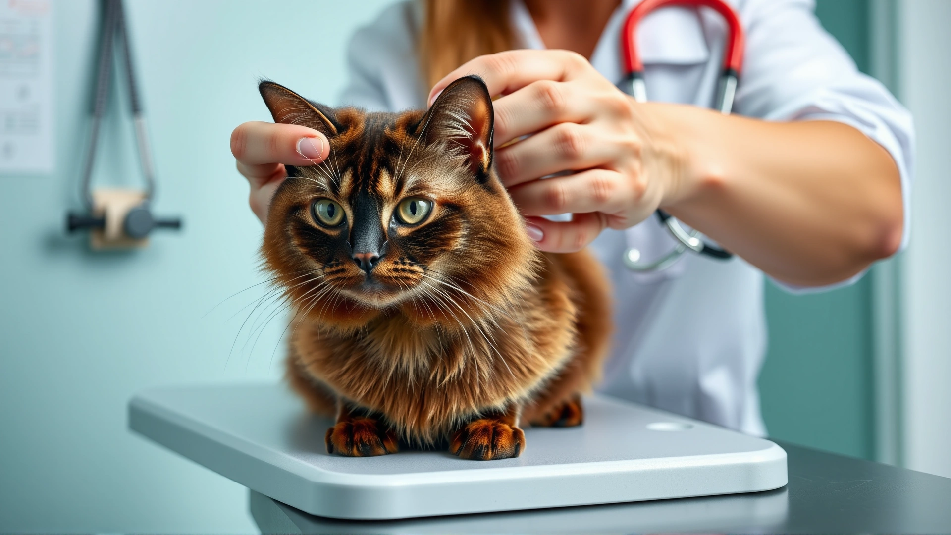 Veterinarian performing a routine check-up on a calm Bombay cat on an examination table.