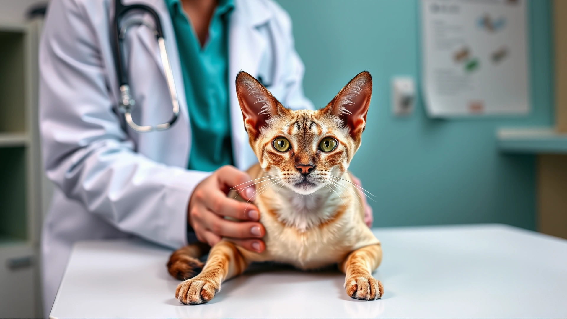 Veterinarian examining a Devon Rex cat on an exam table, stethoscope visible, calm clinic setting