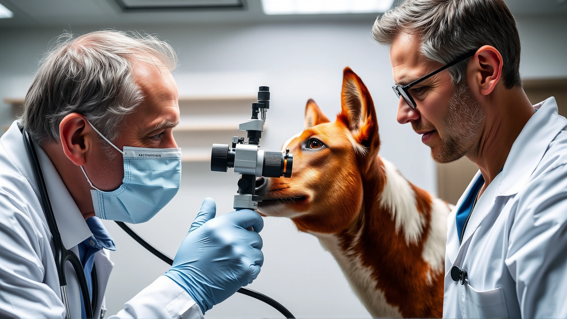 Veterinarian using an ophthalmoscope to examine a Border Aussie's eyes in a modern clinic, no text